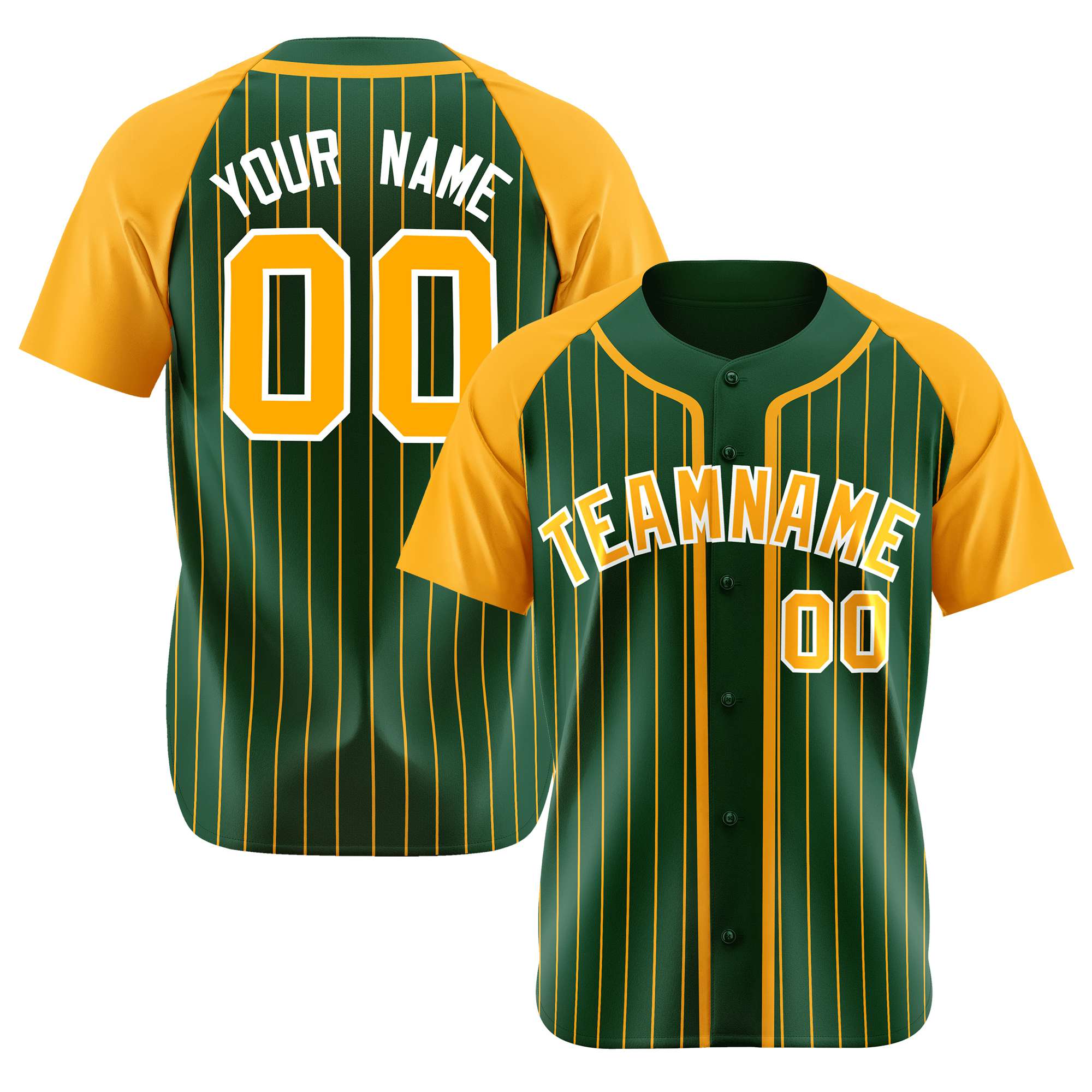 Custom Midnight Green Yellow Pinstripe Yellow-White Authentic Raglan Sleeves Baseball Jersey