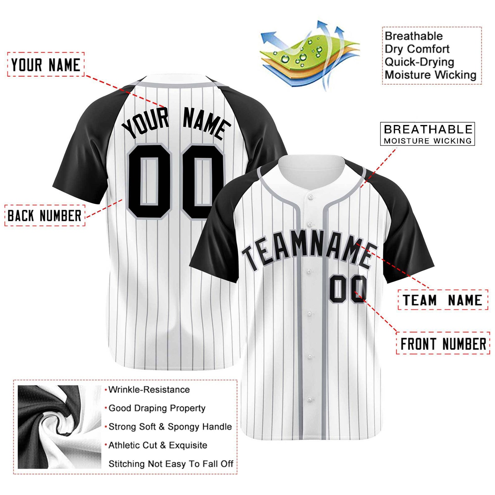 Custom White Black Pinstripe Gray-White Authentic Raglan Sleeves Baseball Jersey