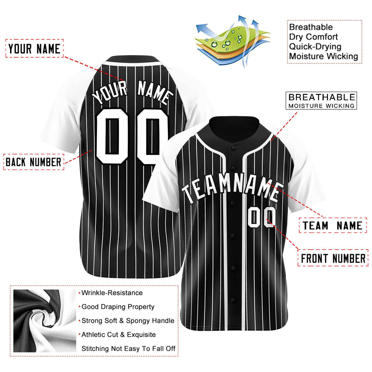 Custom Black White Pinstripe Gray-White Authentic Raglan Sleeves Baseball Jersey