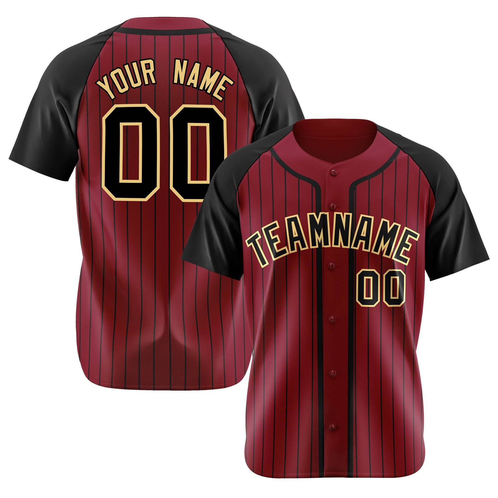 Custom Burgundy Black Pinstripe Black-Yellow Authentic Raglan Sleeves Baseball Jersey