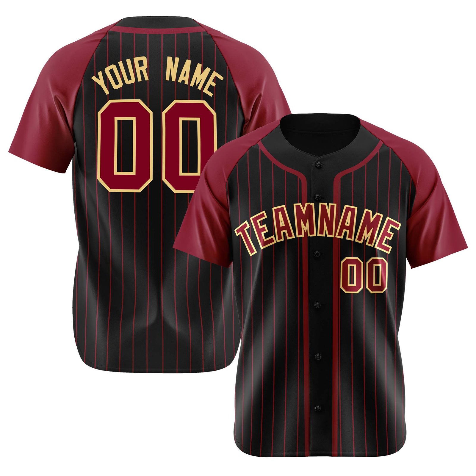 Custom Black Burgundy Pinstripe Burgundy-Yellow Authentic Raglan Sleeves Baseball Jersey