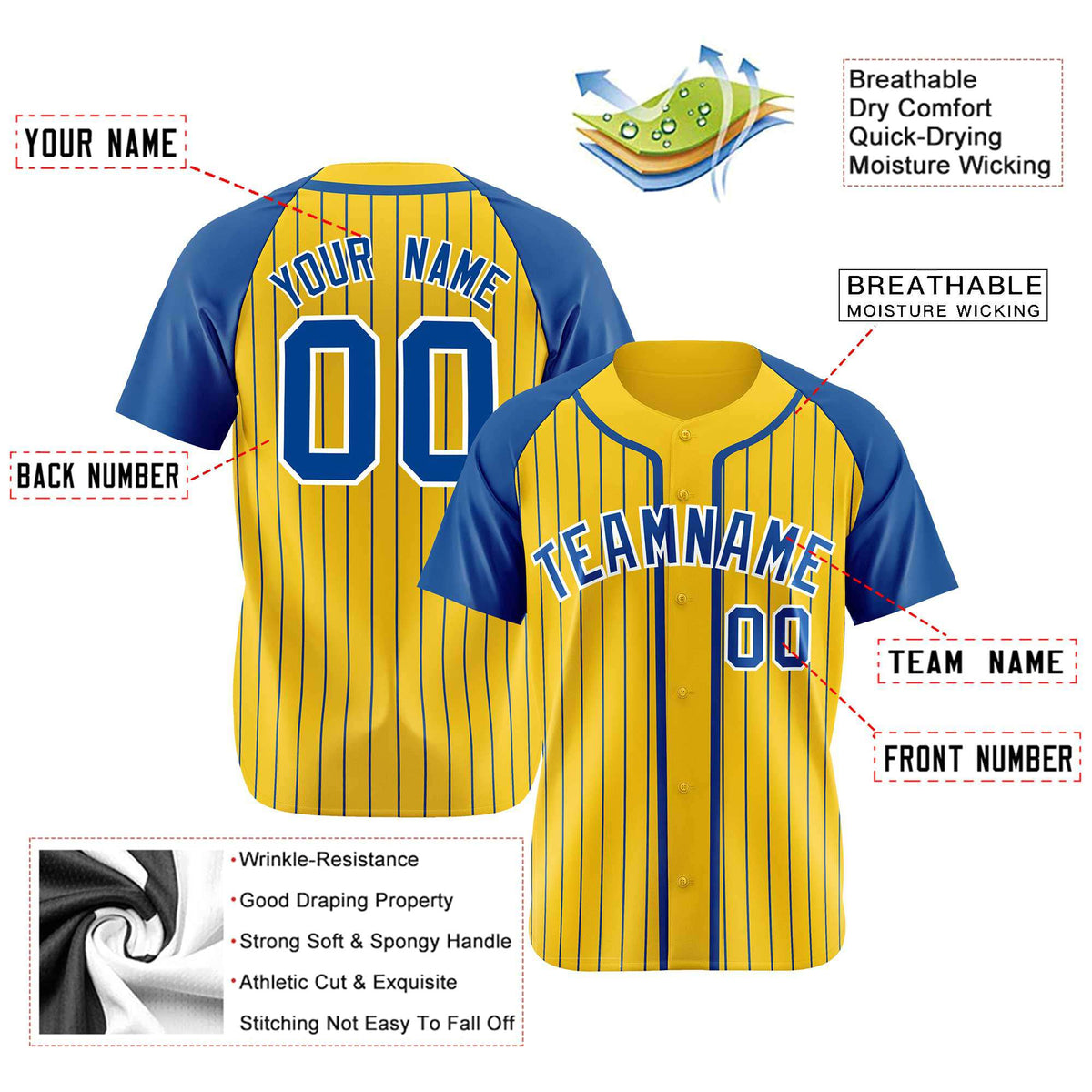 Custom Yellow Blue Pinstripe Blue-White Authentic Raglan Sleeves Baseball Jersey
