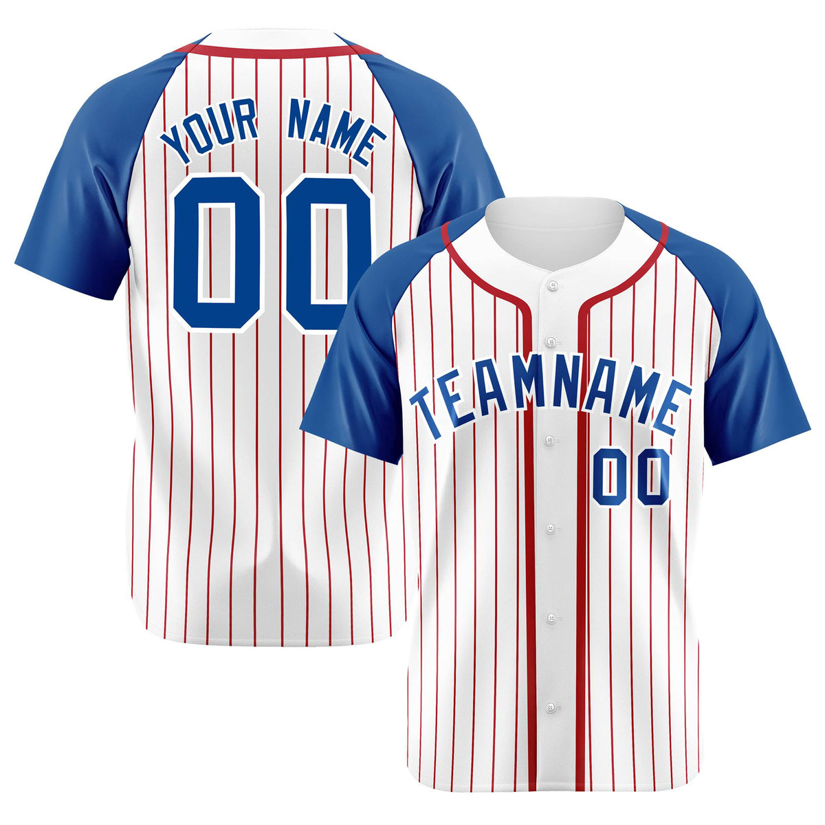 Custom White Blue Pinstripe Blue-Crimson Authentic Raglan Sleeves Baseball Jersey