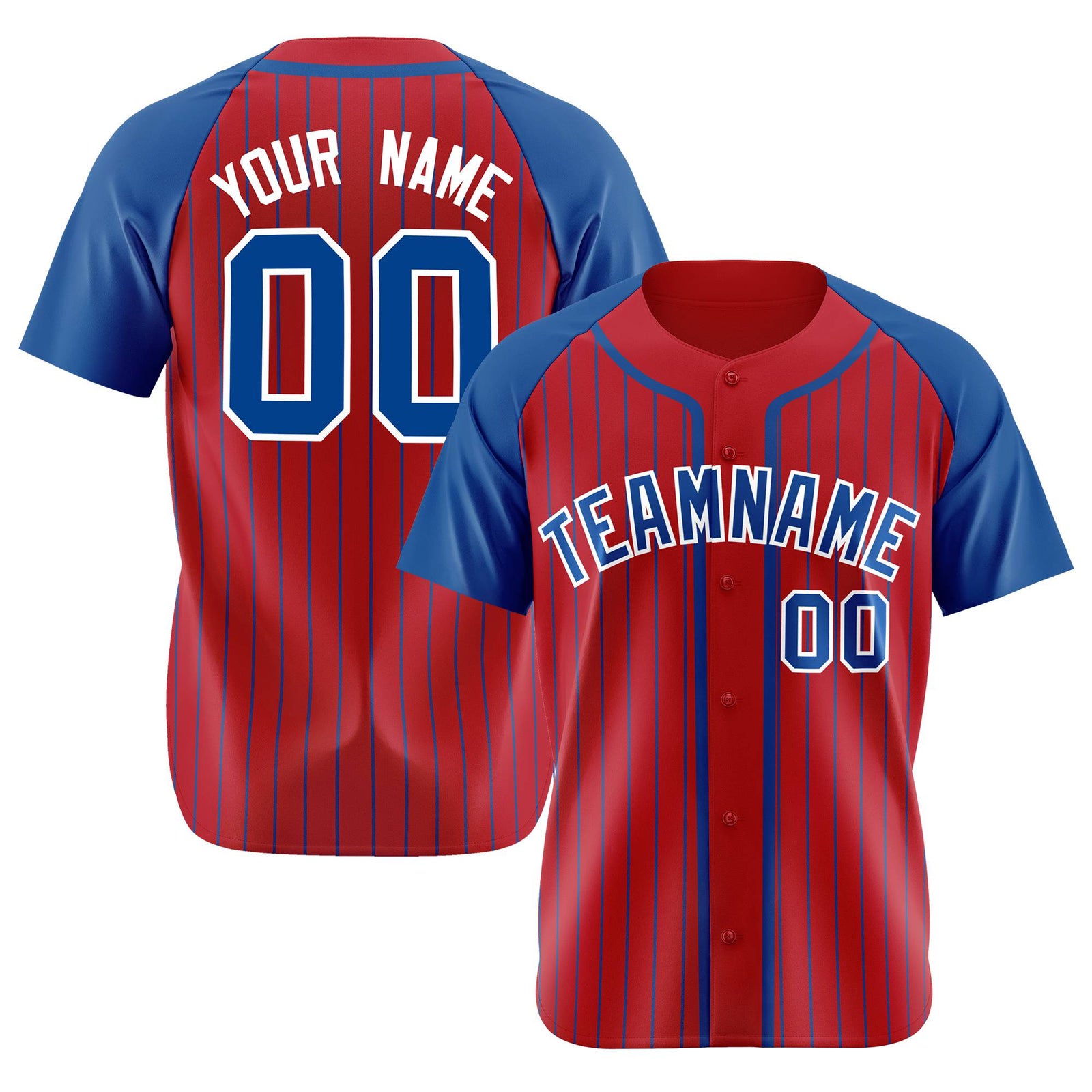 Custom Red Blue Pinstripe Blue-White Authentic Raglan Sleeves Baseball Jersey