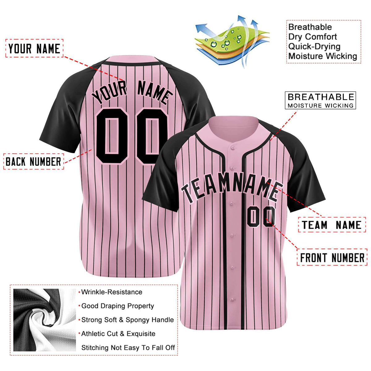 Custom Pink Black Pinstripe Pink-Black Authentic Raglan Sleeves Baseball Jersey