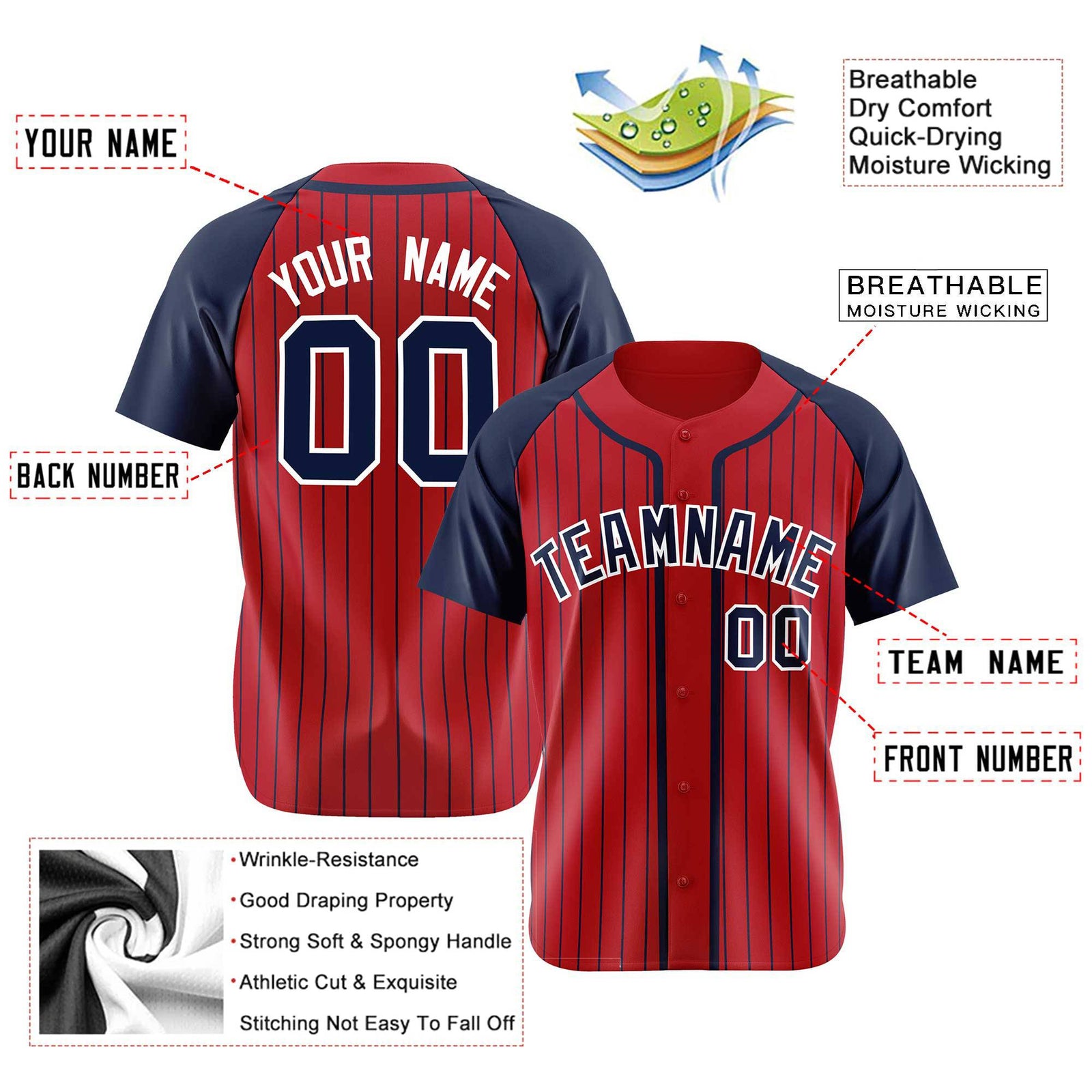 Custom Red Navy Pinstripe Navy-White Authentic Raglan Sleeves Baseball Jersey