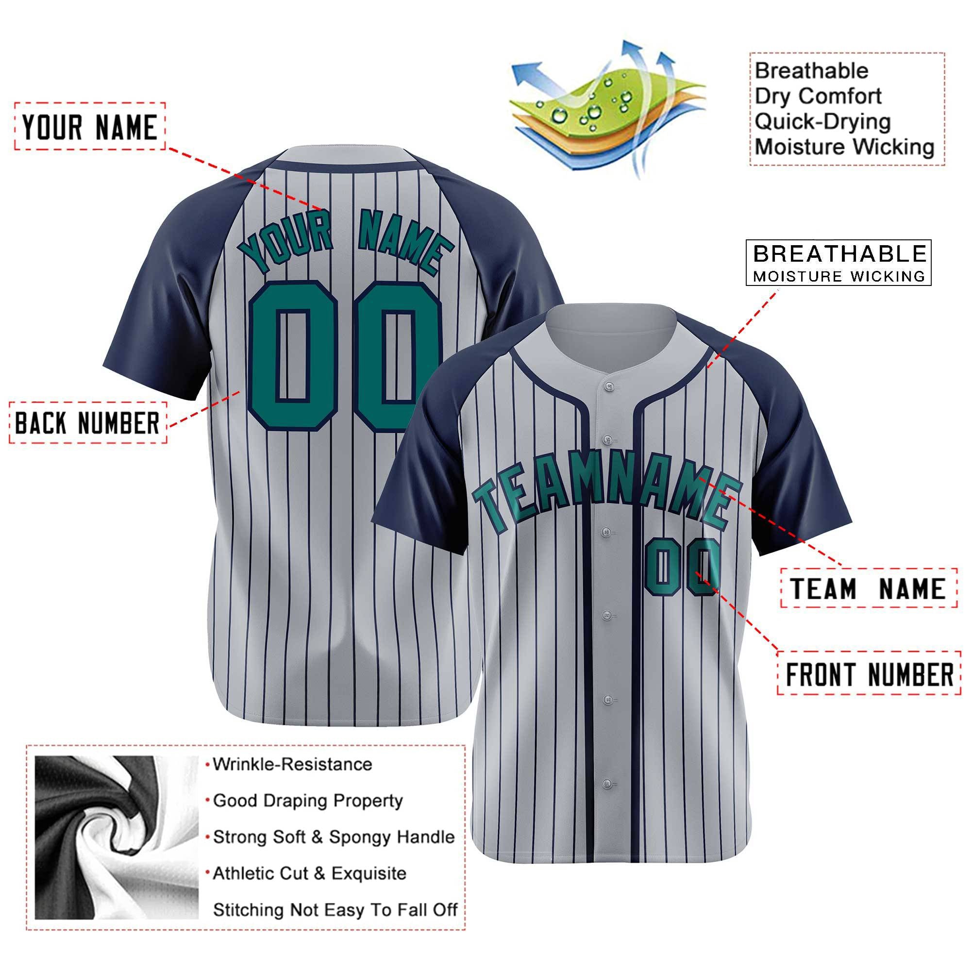 Custom Gray Navy Pinstripe Green-Navy Authentic Raglan Sleeves Baseball Jersey