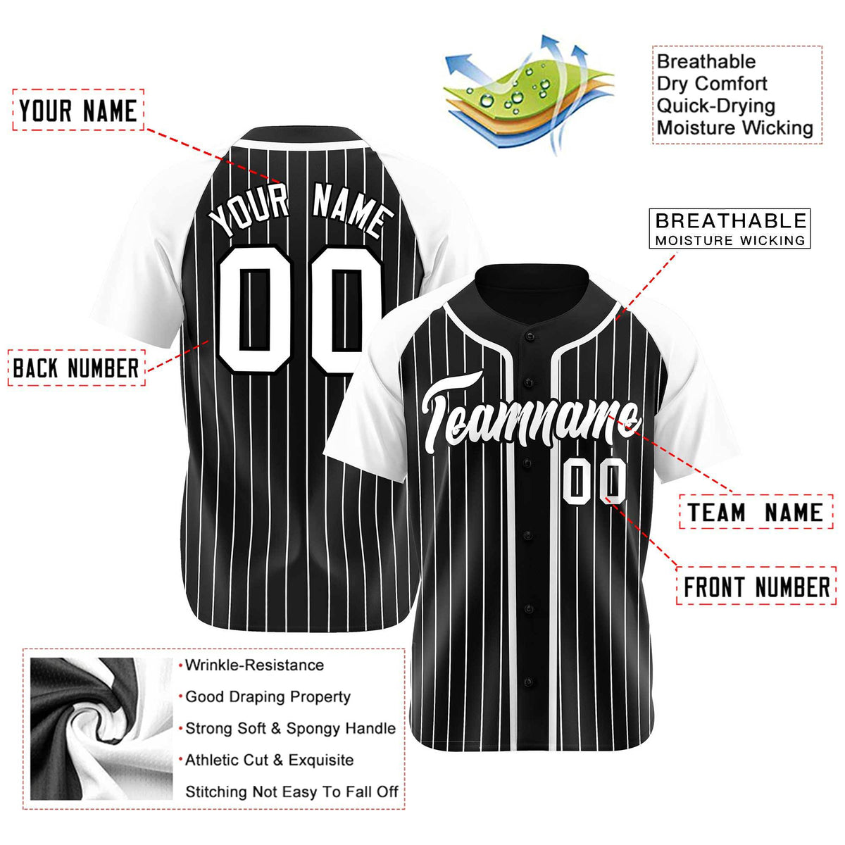 Custom Black White Pinstripe Gray-White Authentic Raglan Sleeves Baseball Jersey