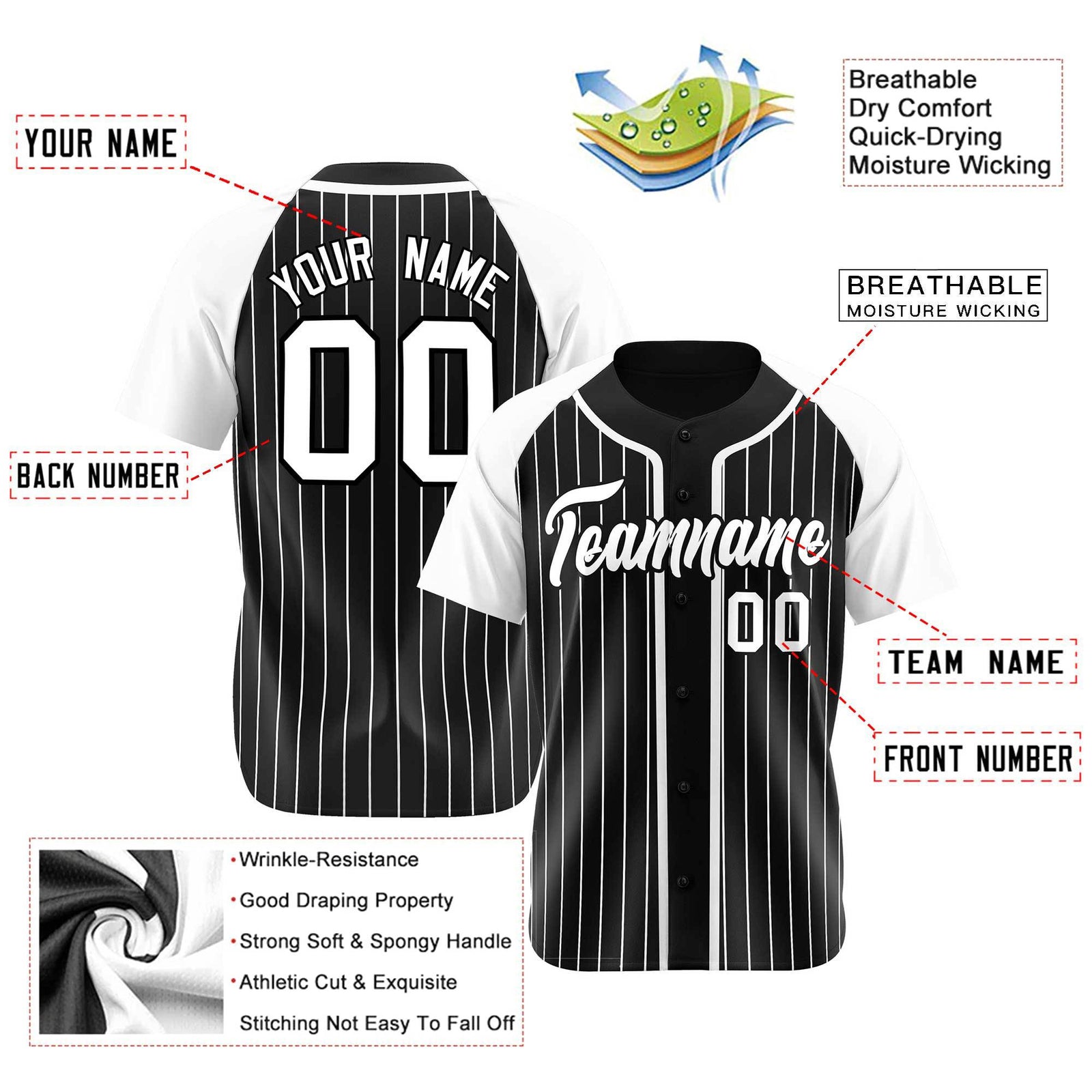 Custom Black White Pinstripe Gray-White Authentic Raglan Sleeves Baseball Jersey