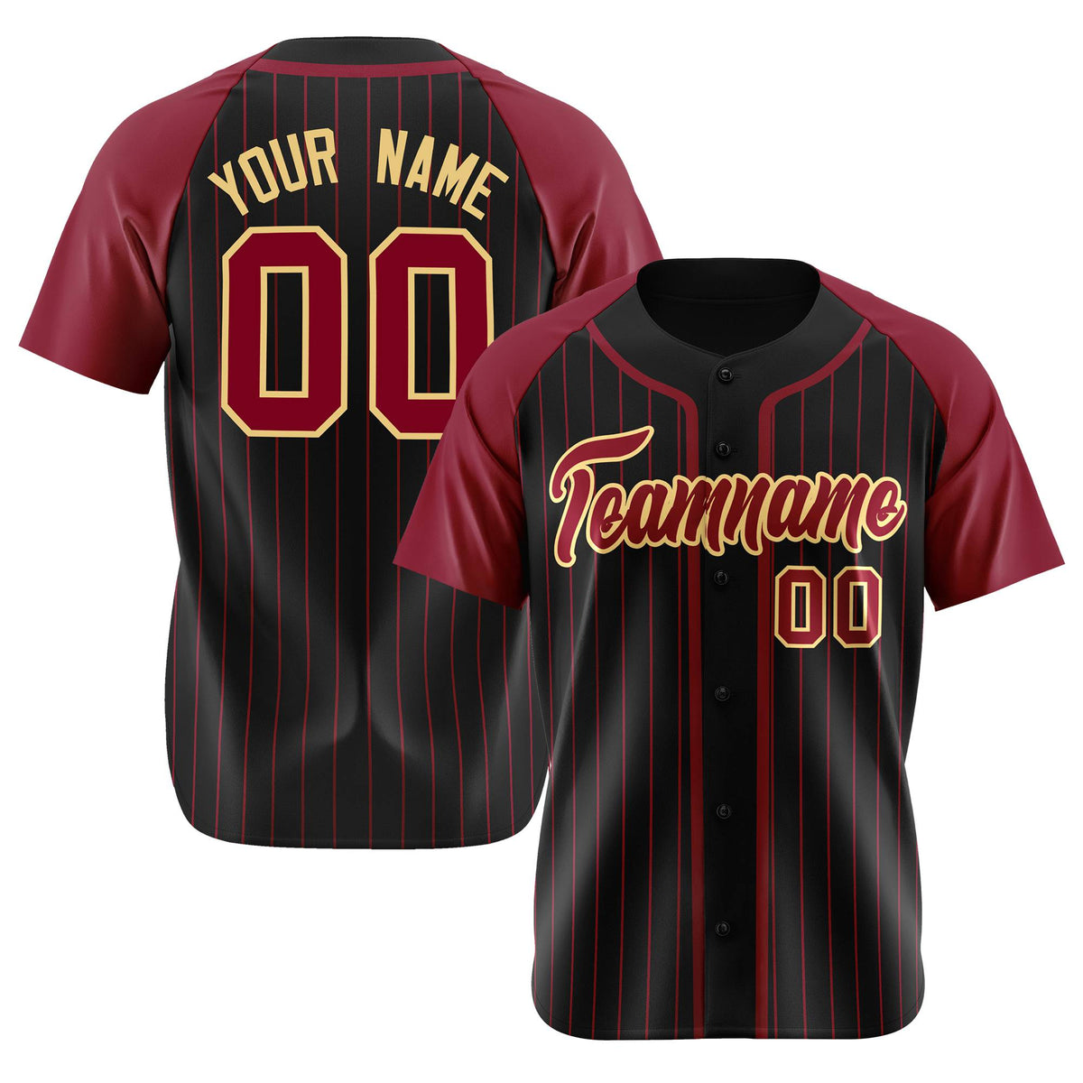 Custom Black Burgundy Pinstripe Burgundy-Yellow Authentic Raglan Sleeves Baseball Jersey