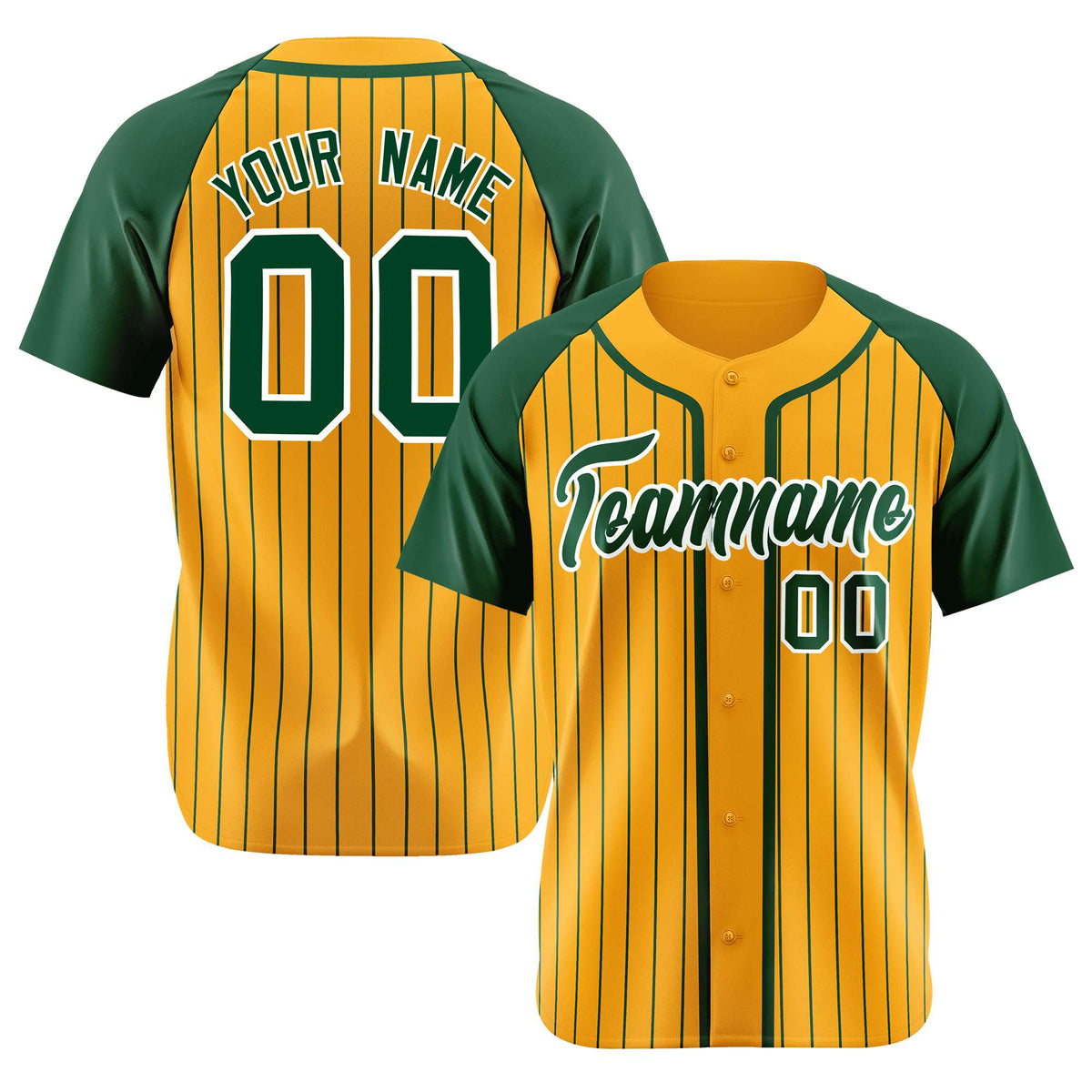 Custom Old Gold Kelly Green Pinstripe Kelly Green White Authentic Raglan Sleeves Baseball Jersey