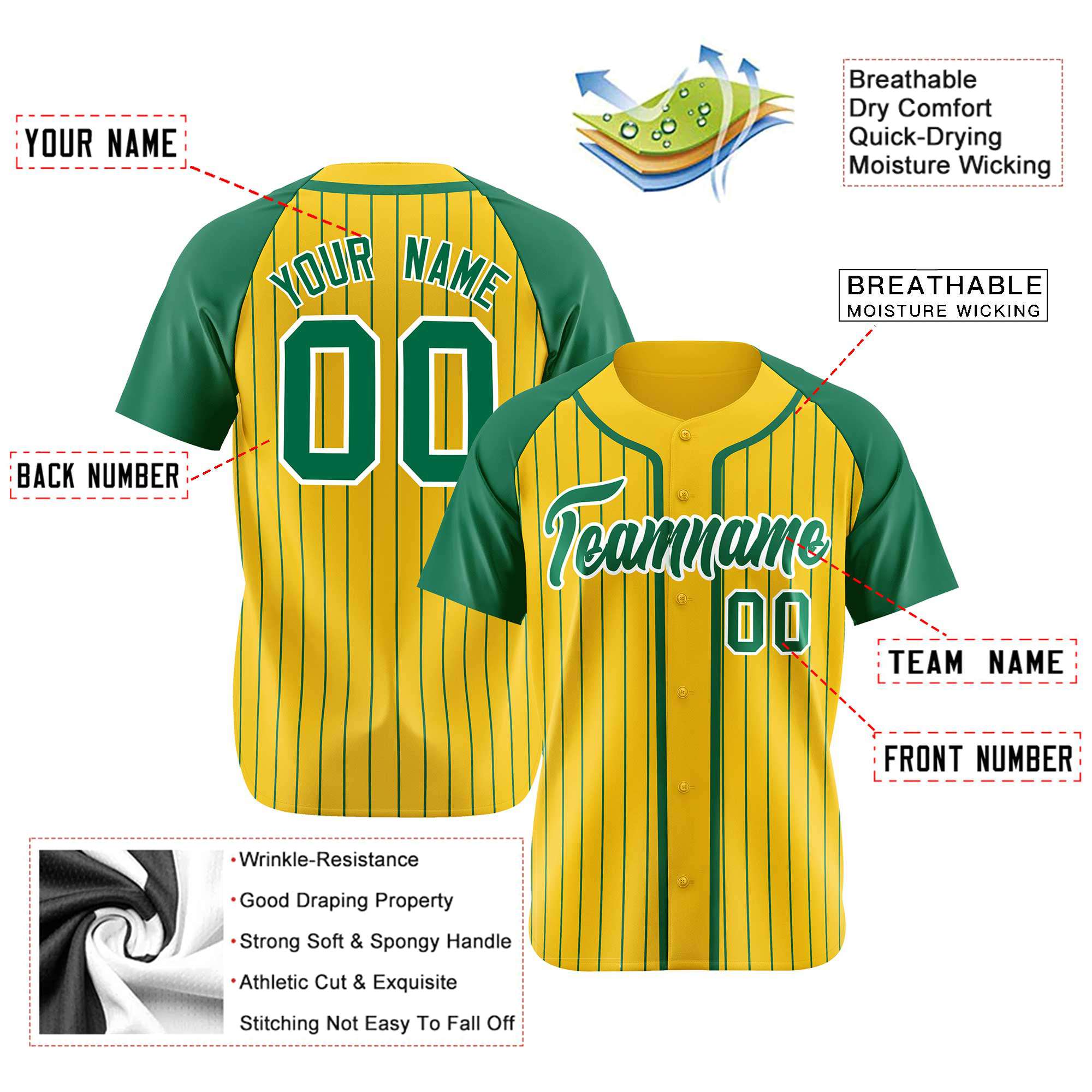 Custom Yellow Kelly Green Pinstripe Kelly Green White Authentic Raglan Sleeves Baseball Jersey