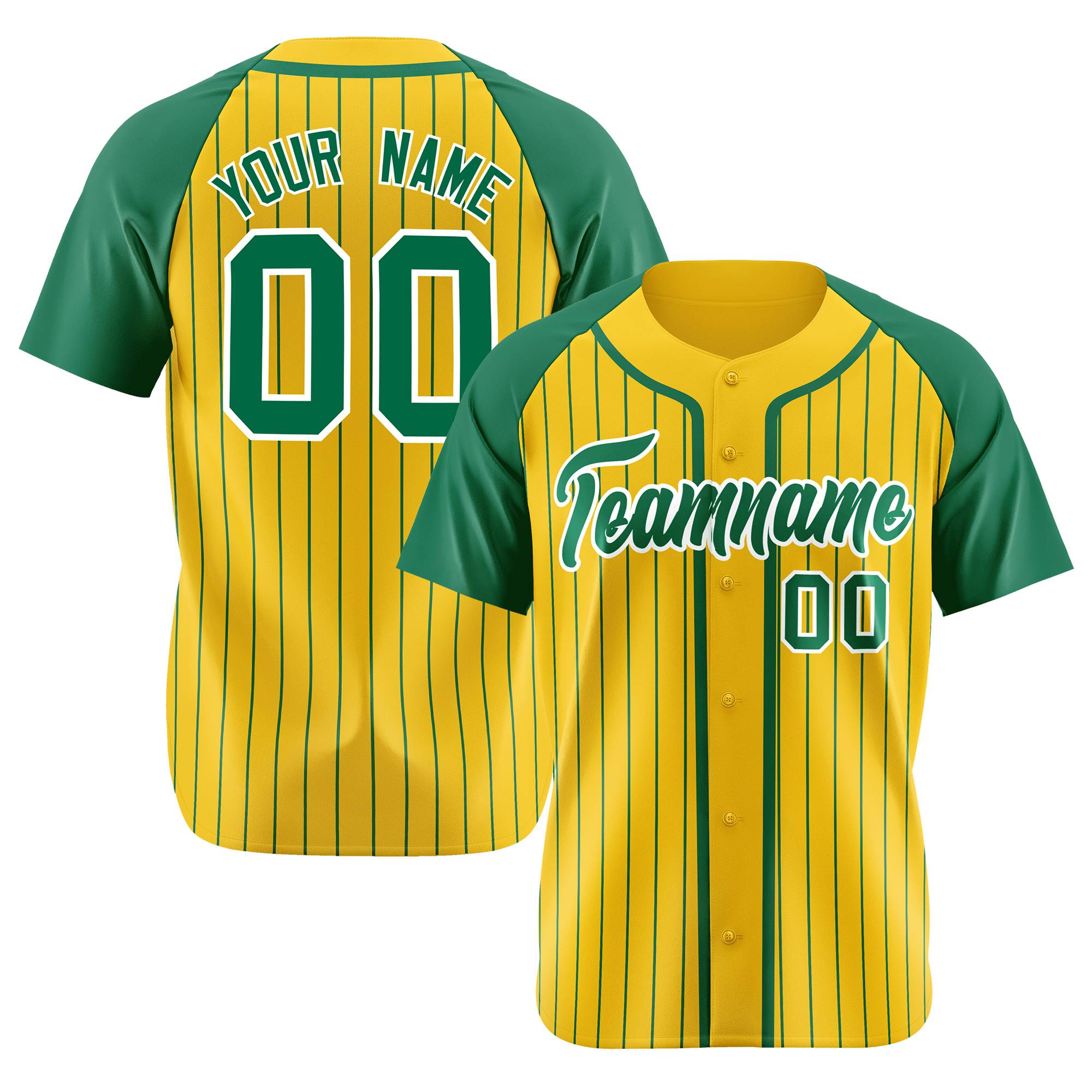 Custom Yellow Kelly Green Pinstripe Kelly Green White Authentic Raglan Sleeves Baseball Jersey