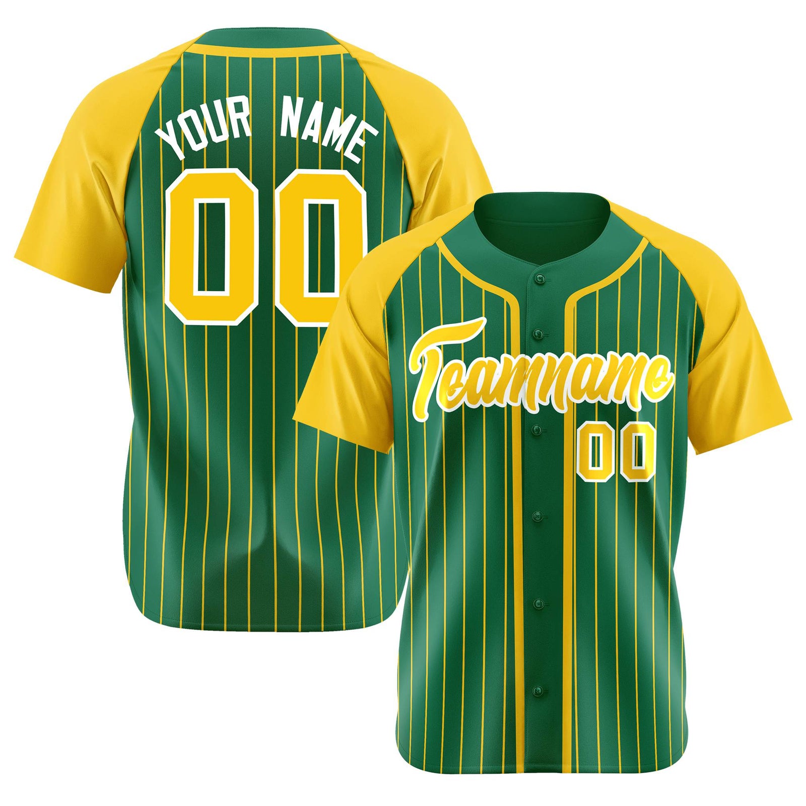 Custom Kelly Green Yellow Pinstripe Yellow-White Authentic Raglan Sleeves Baseball Jersey