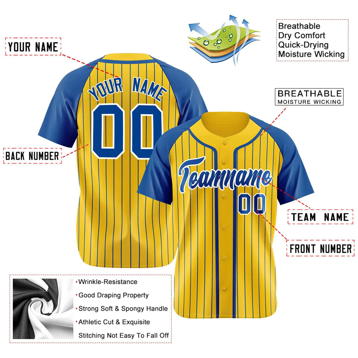 Custom Yellow Blue Pinstripe Blue-White Authentic Raglan Sleeves Baseball Jersey