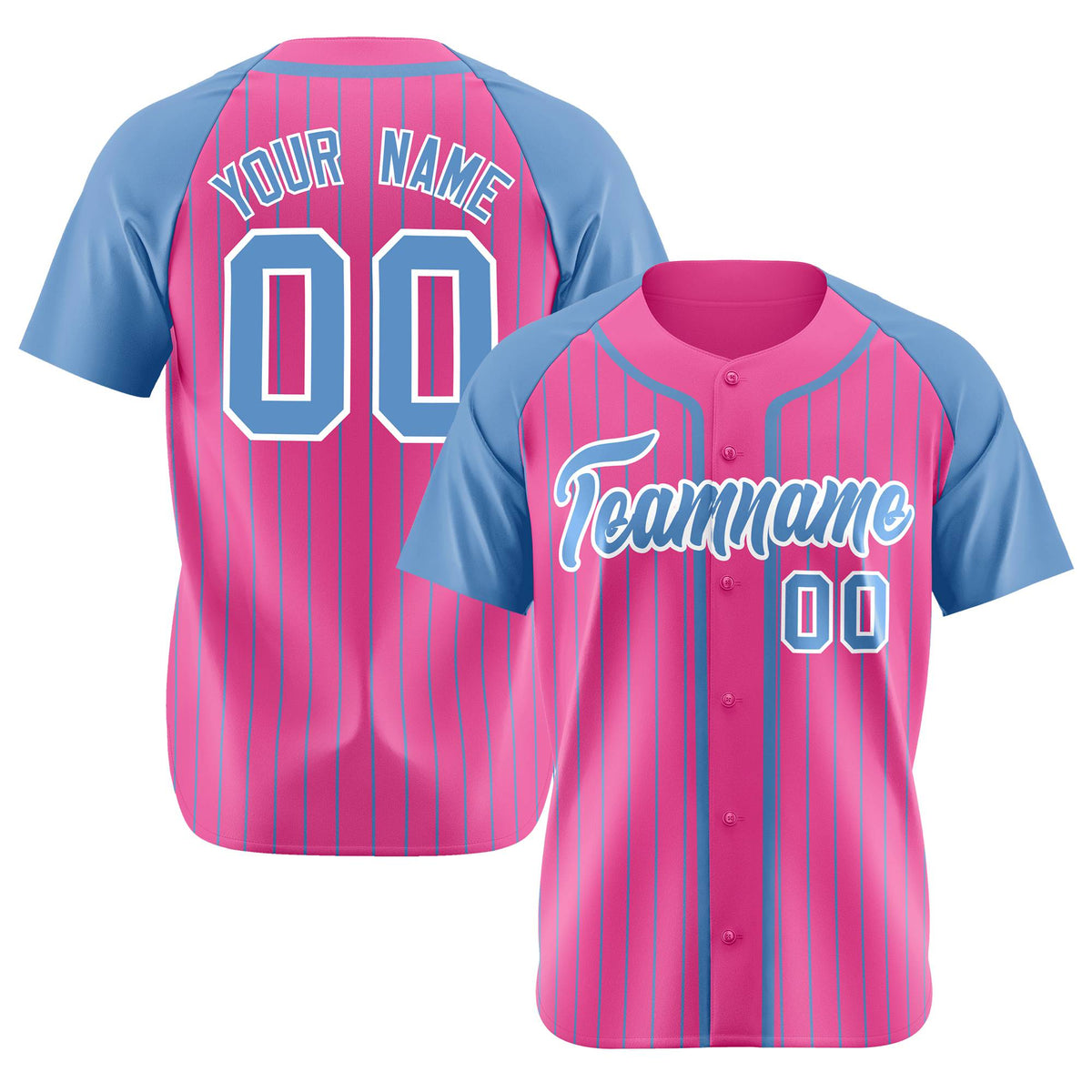 Custom Pink Powder Blue Pinstripe Powder-Blue White Authentic Raglan Sleeves Baseball Jersey