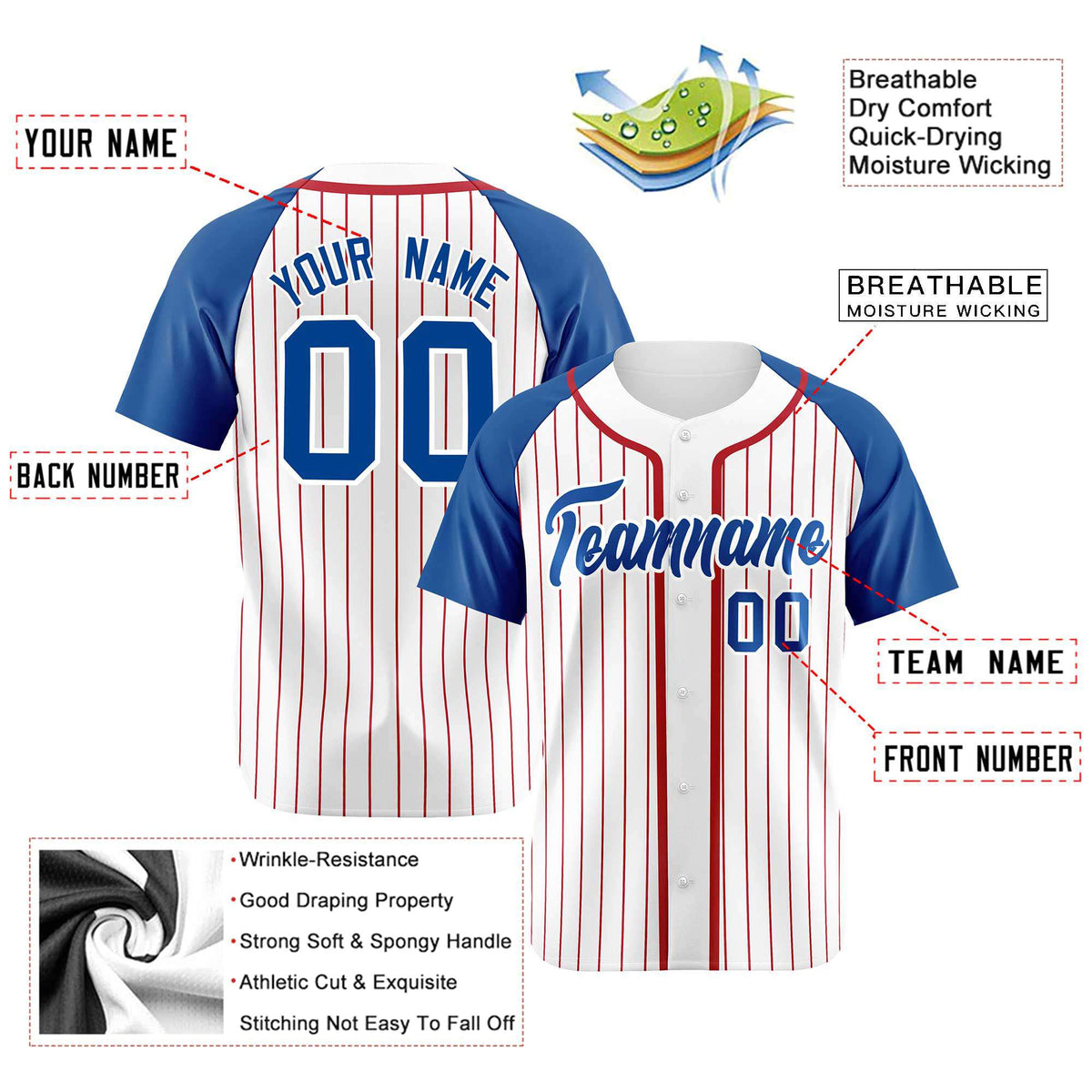 Custom White Blue Pinstripe Blue-Crimson Authentic Raglan Sleeves Baseball Jersey