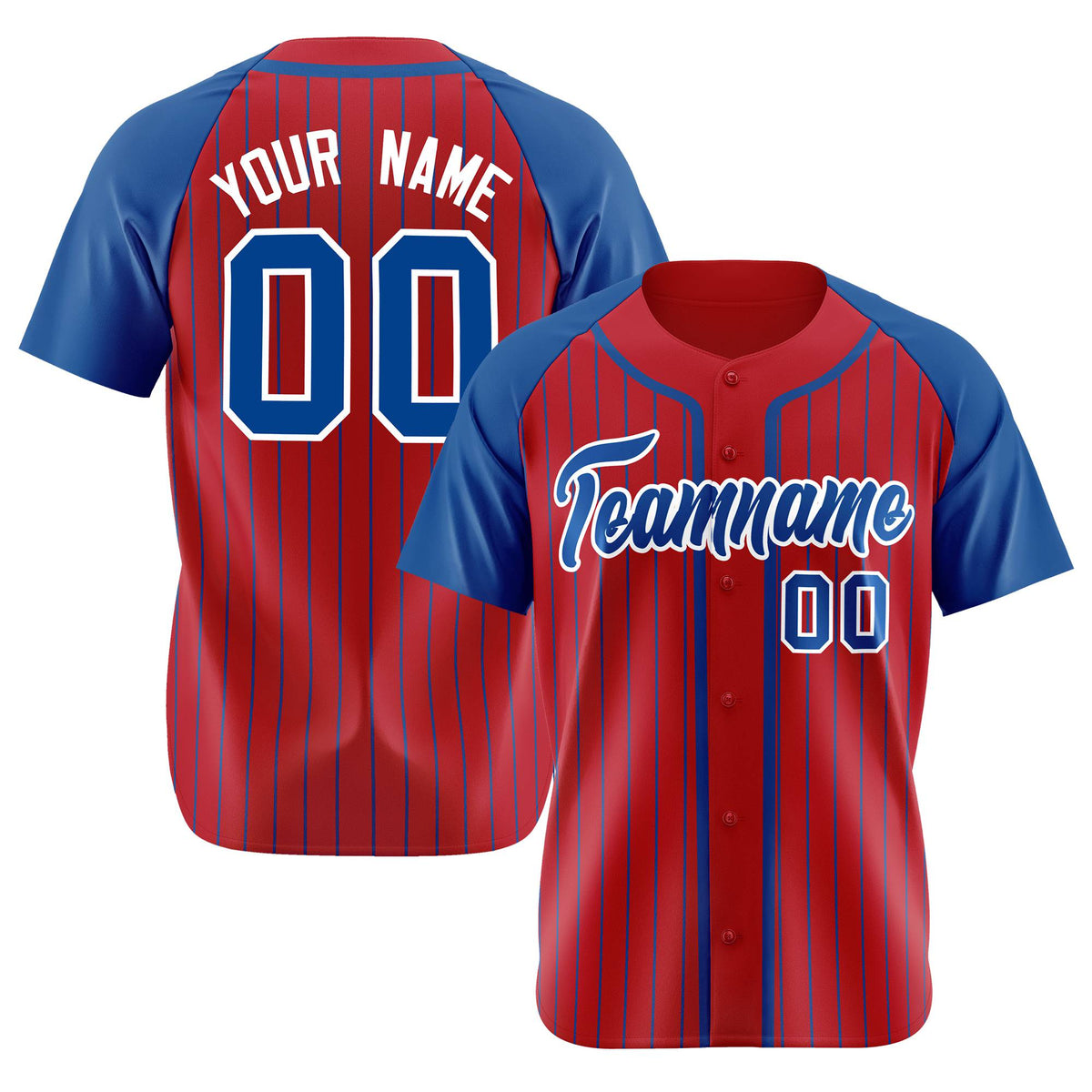 Custom Red Blue Pinstripe Blue-White Authentic Raglan Sleeves Baseball Jersey