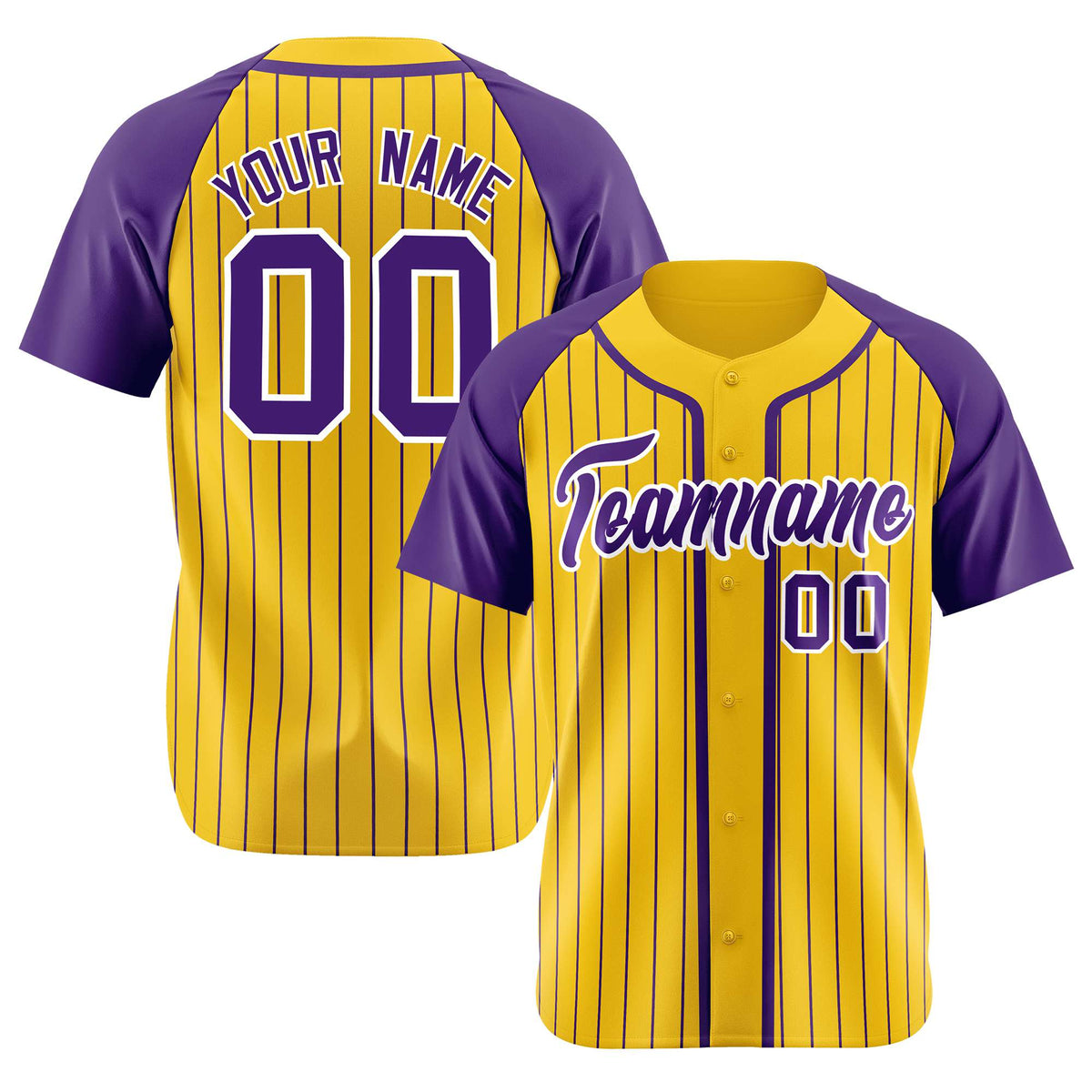 Custom Yellow Purple Pinstripe Purple-White Authentic Raglan Sleeves Baseball Jersey