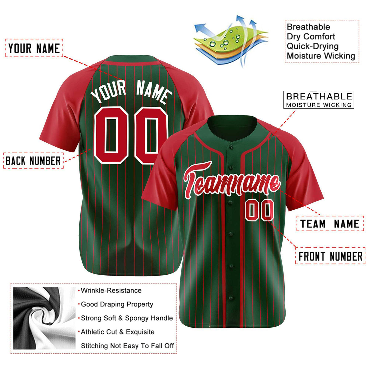 Custom Green Crimson Pinstripe Crimson-White Authentic Raglan Sleeves Baseball Jersey