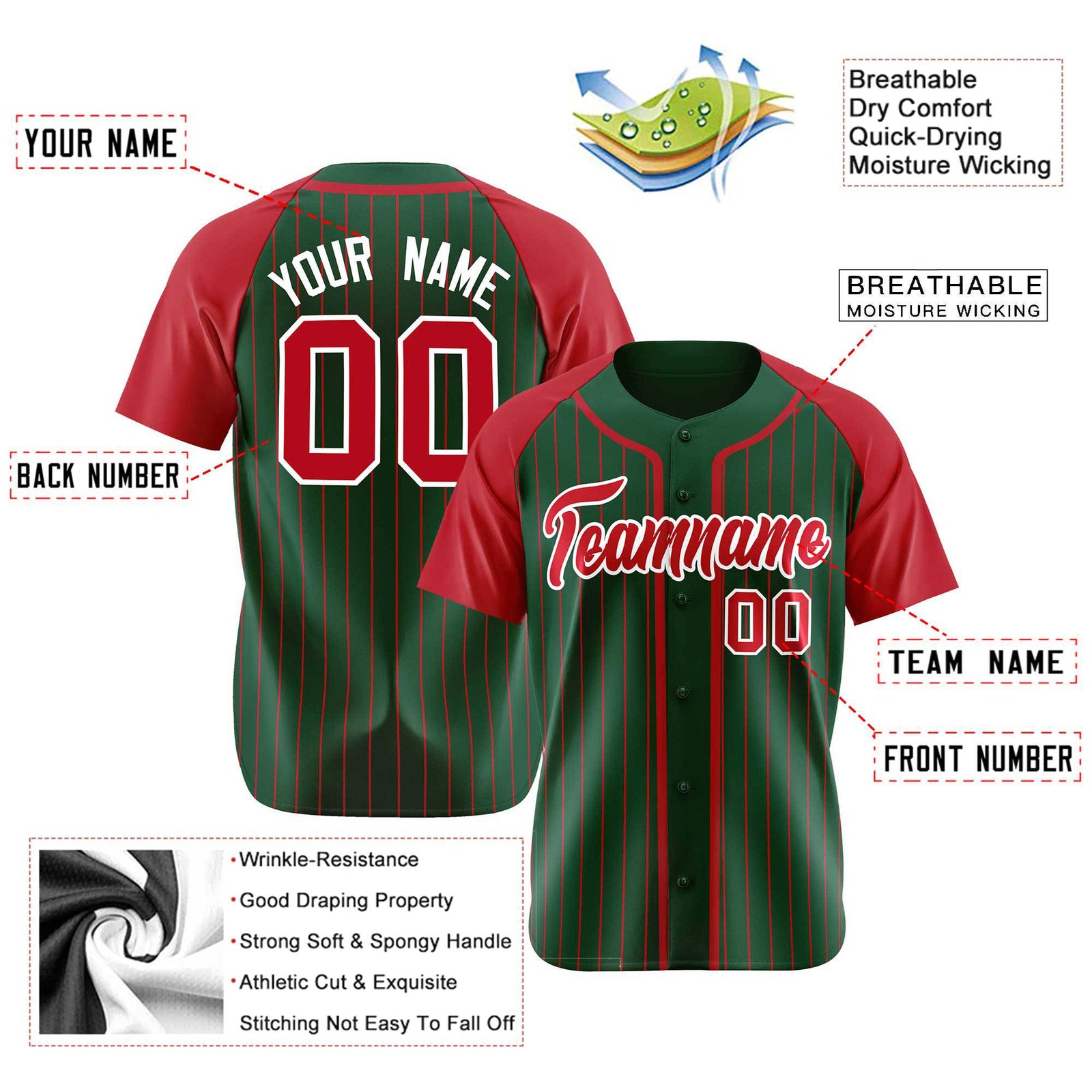 Custom Green Crimson Pinstripe Crimson-White Authentic Raglan Sleeves Baseball Jersey