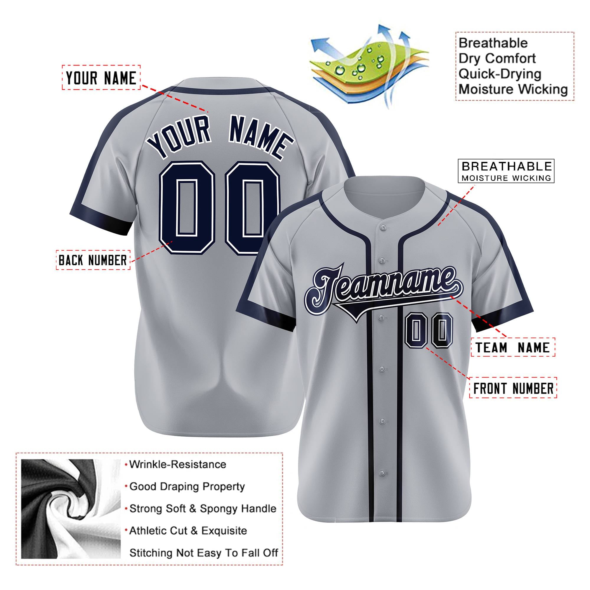 Custom Gray Navy White Baseball Jersey Personalized For Adults Youth