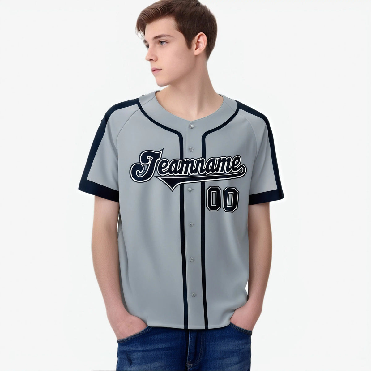 Custom Gray Navy White Baseball Jersey Personalized For Adults Youth