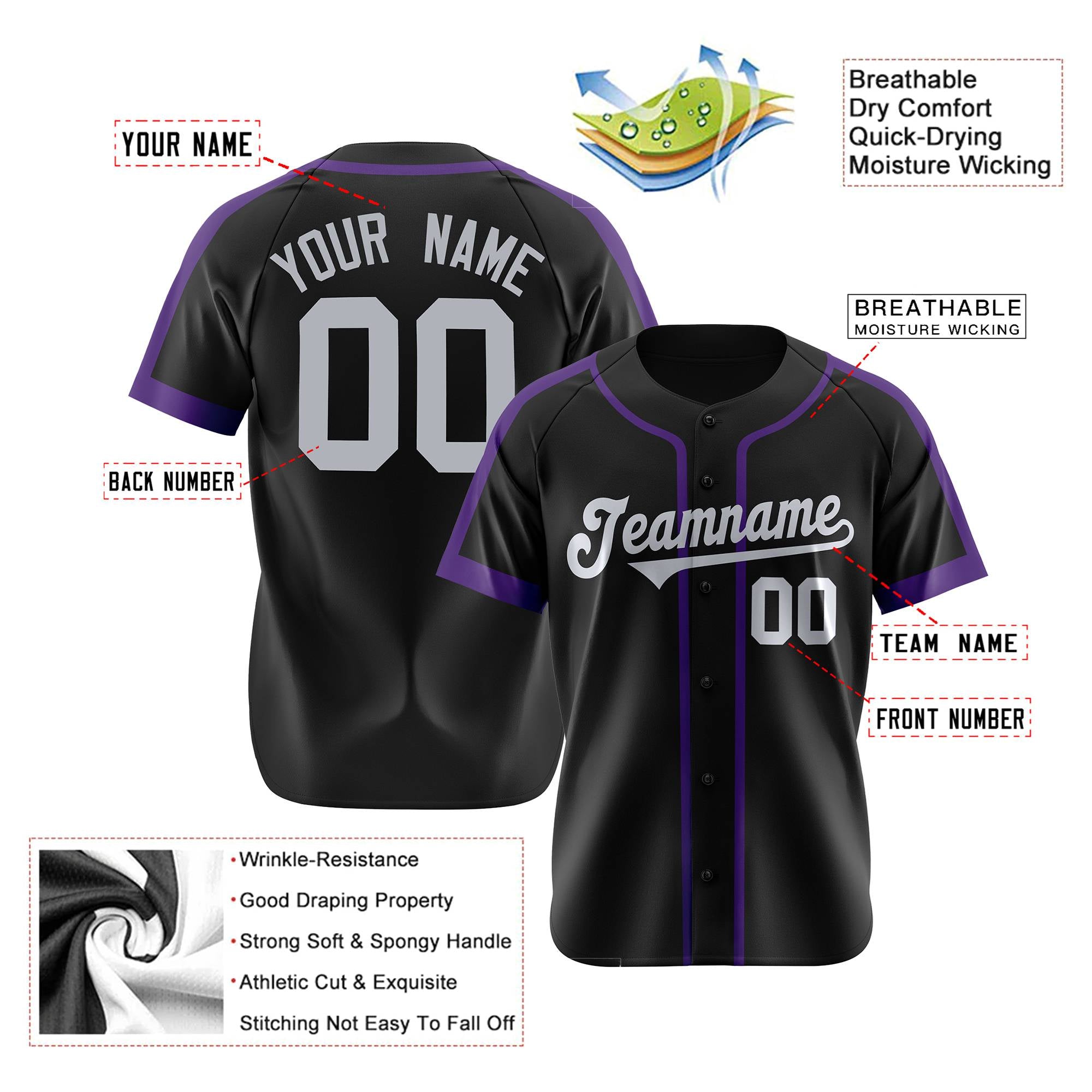 Custom Black Purple Gray Baseball Jersey