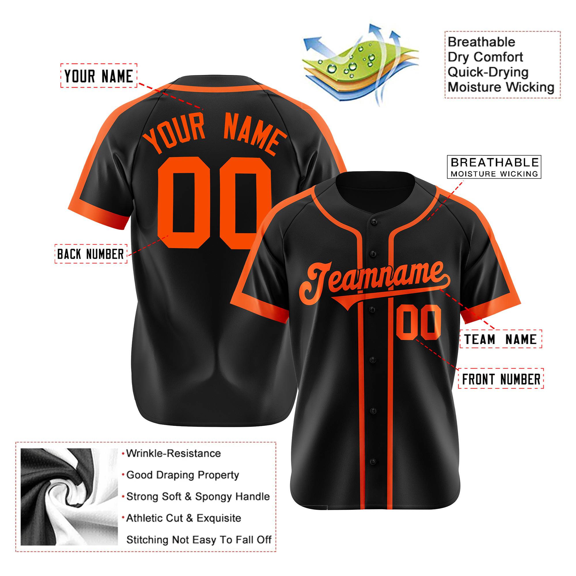 Custom Black Orange Baseball Jersey