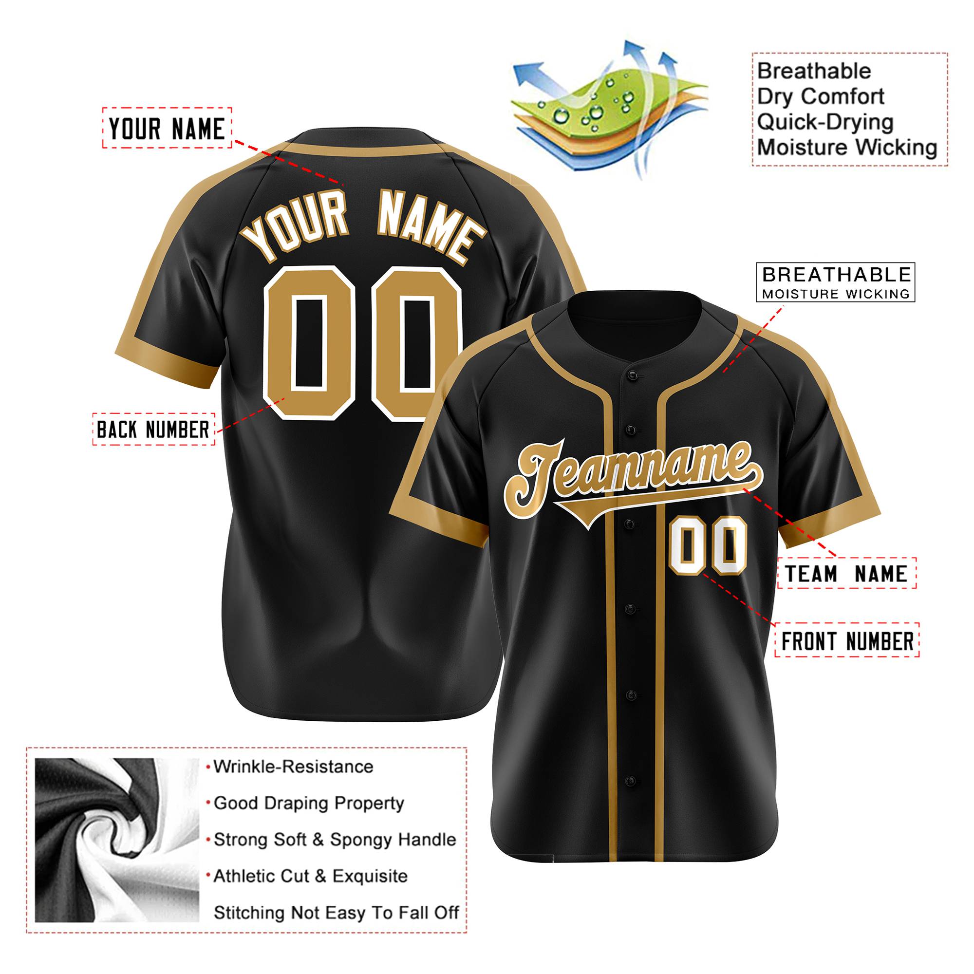 Custom Black Old Gold White Baseball Jersey