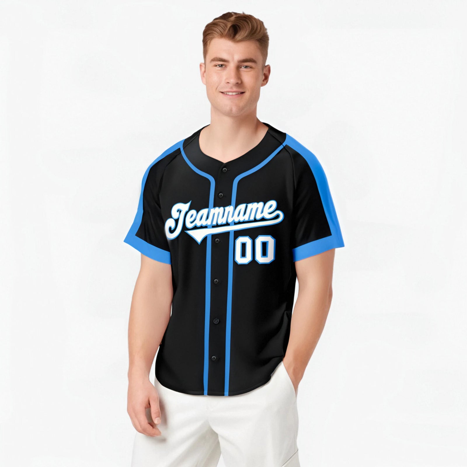 Custom Black Light Blue White Baseball Jersey
