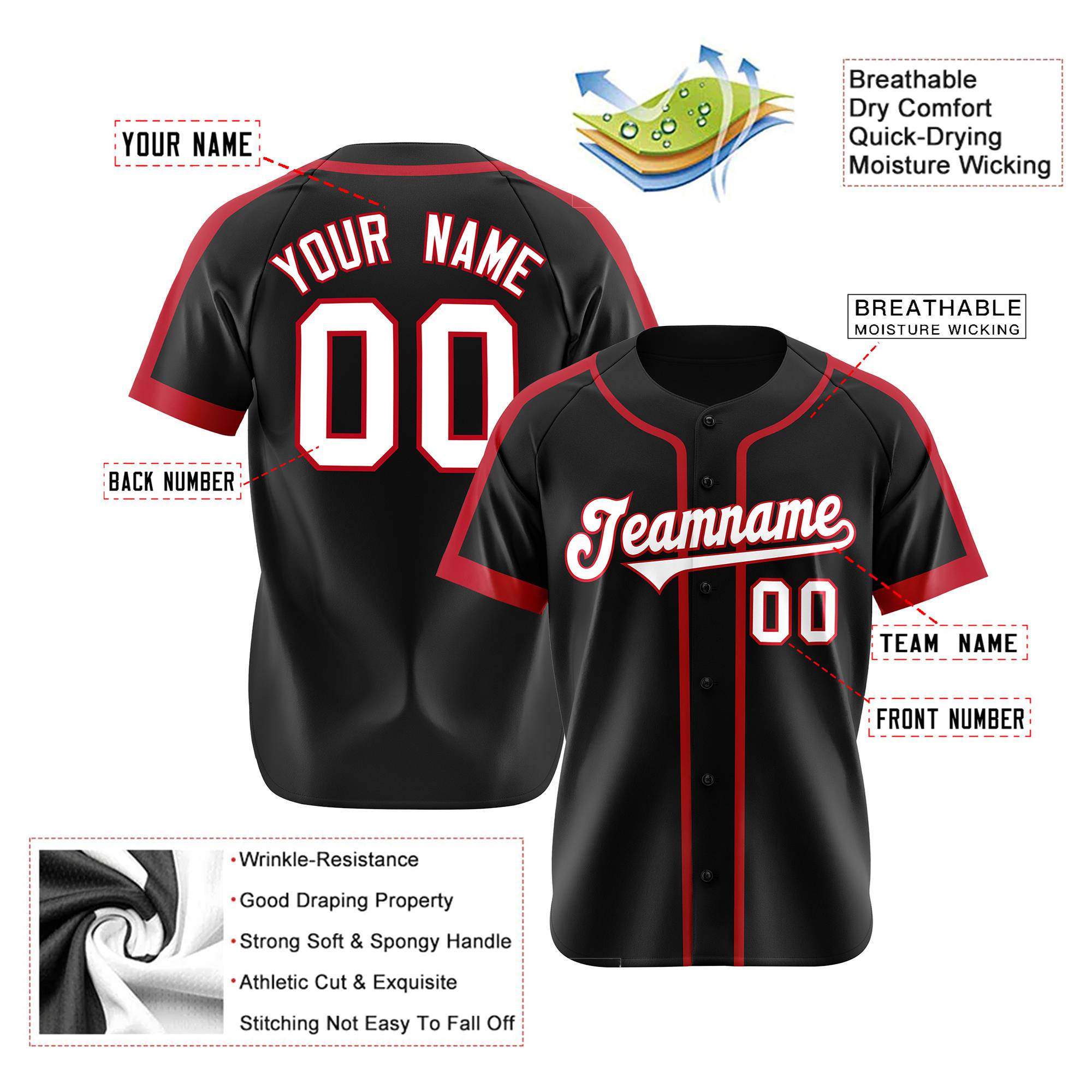 Custom Black Crimson White Baseball Jersey