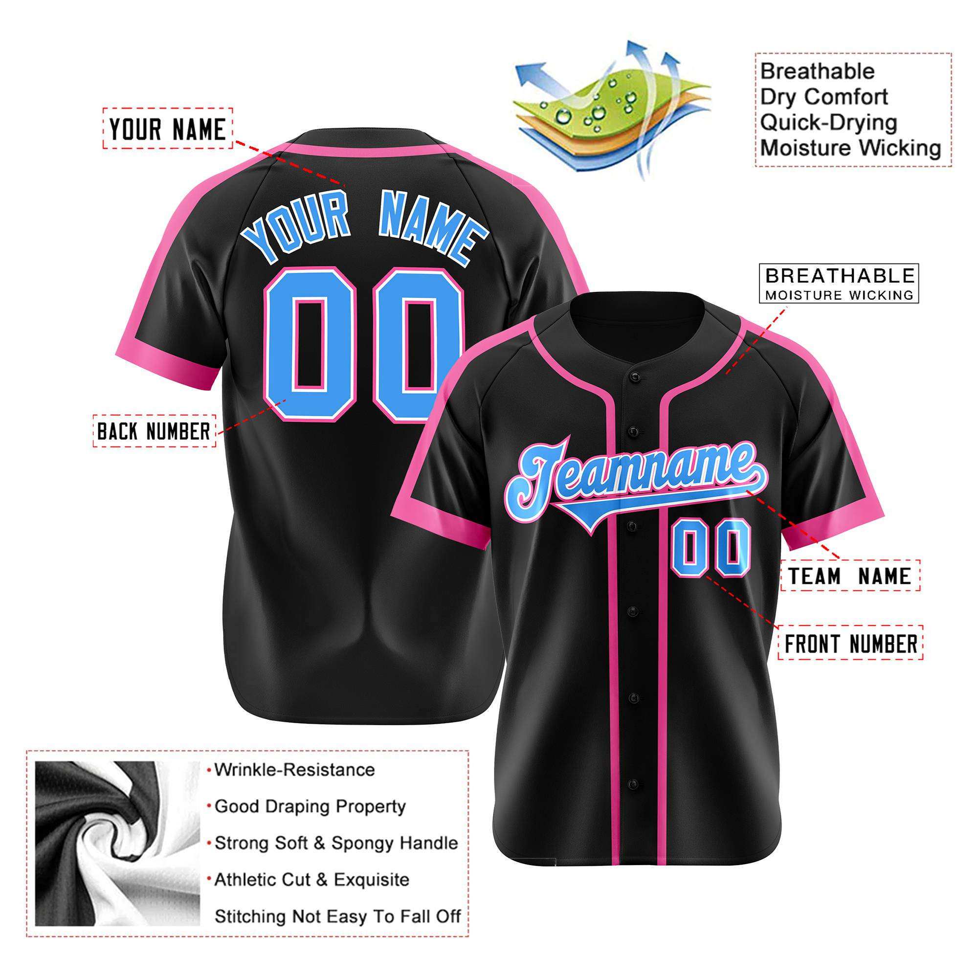 Custom Black Pink Bule White Baseball Jersey