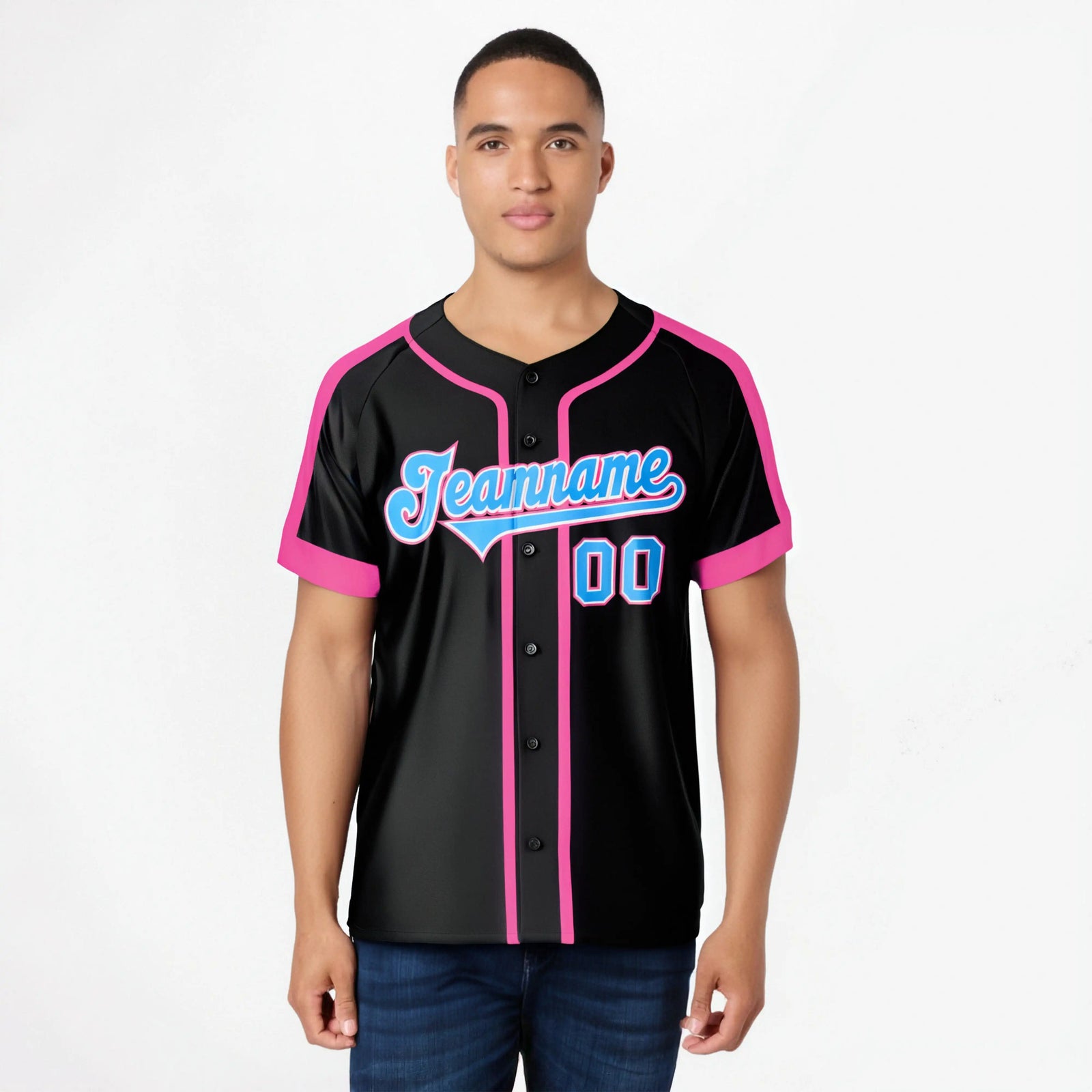 Custom Black Pink Bule White Baseball Jersey