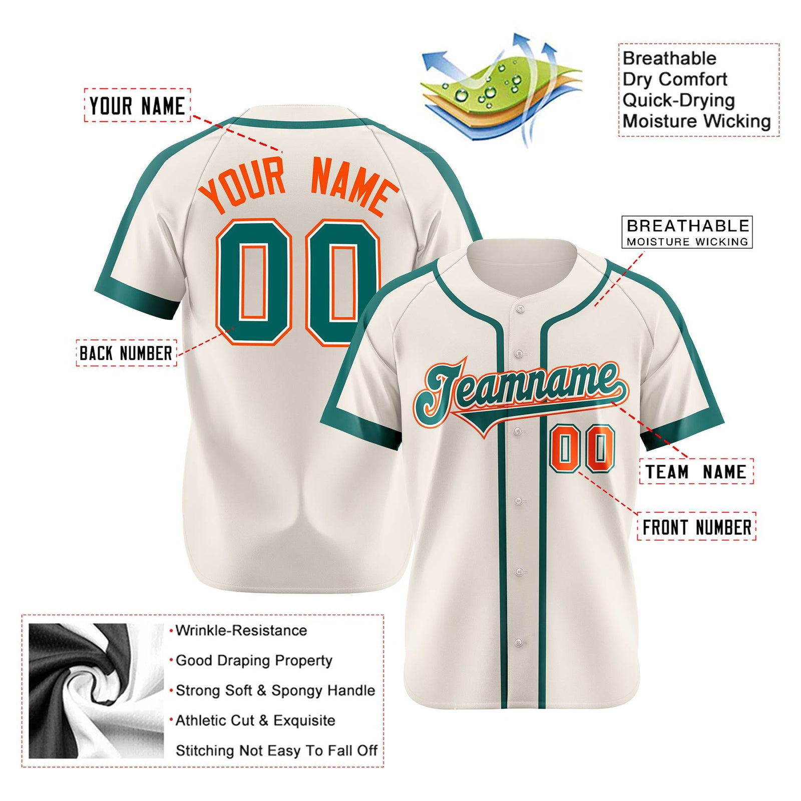 Custom Khaki Aqua Orange Baseball Jersey