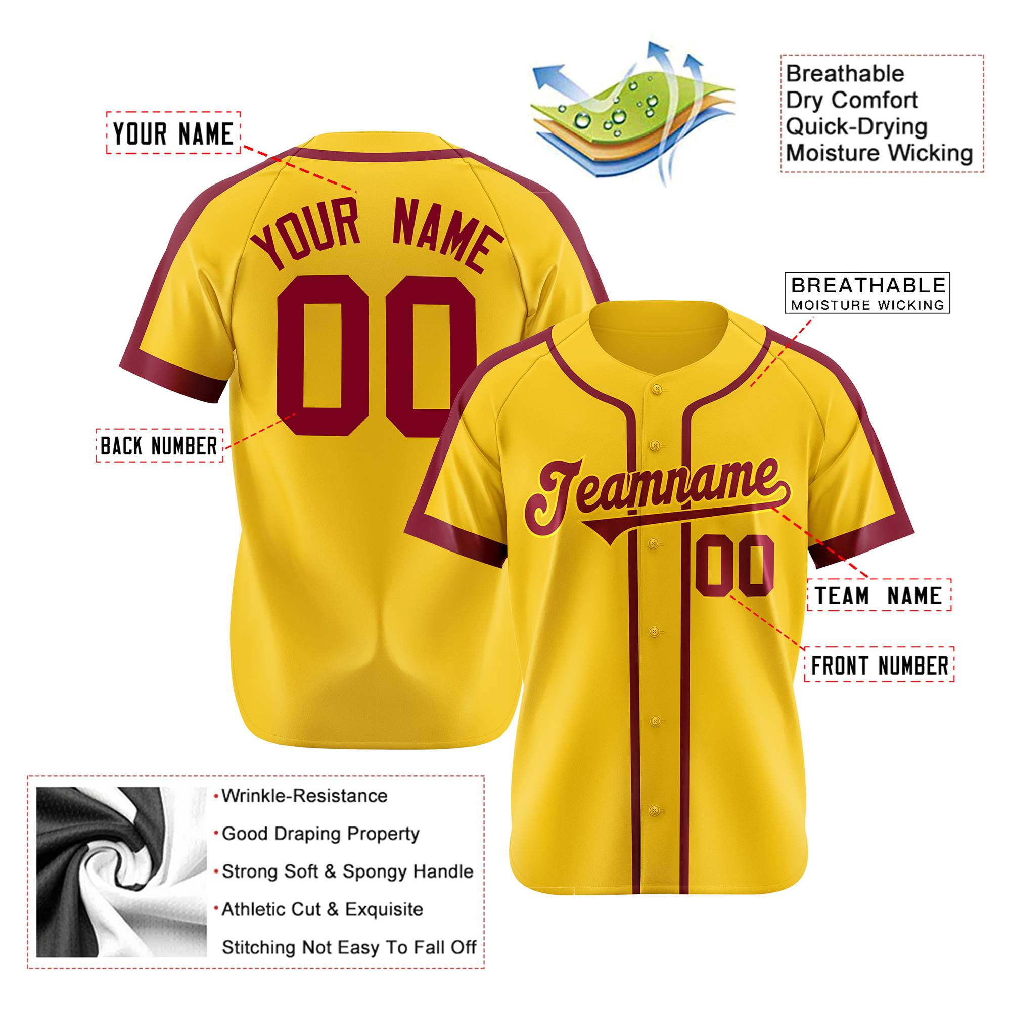 Custom Yellow Crimson Baseball Jersey