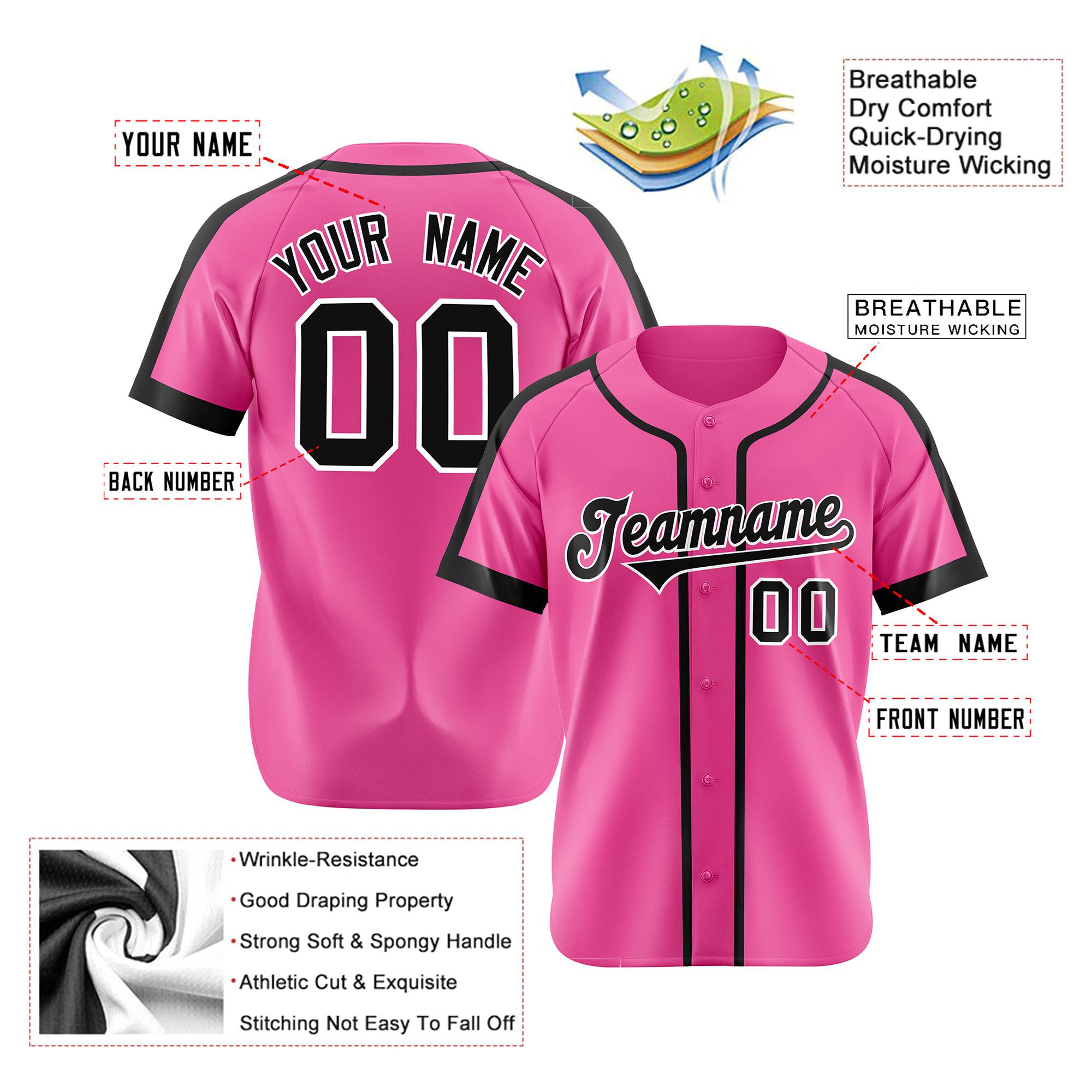 Custom Pink Black White Baseball Jersey