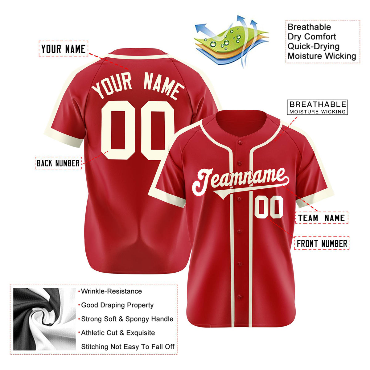 Custom Red Cream Baseball Jersey