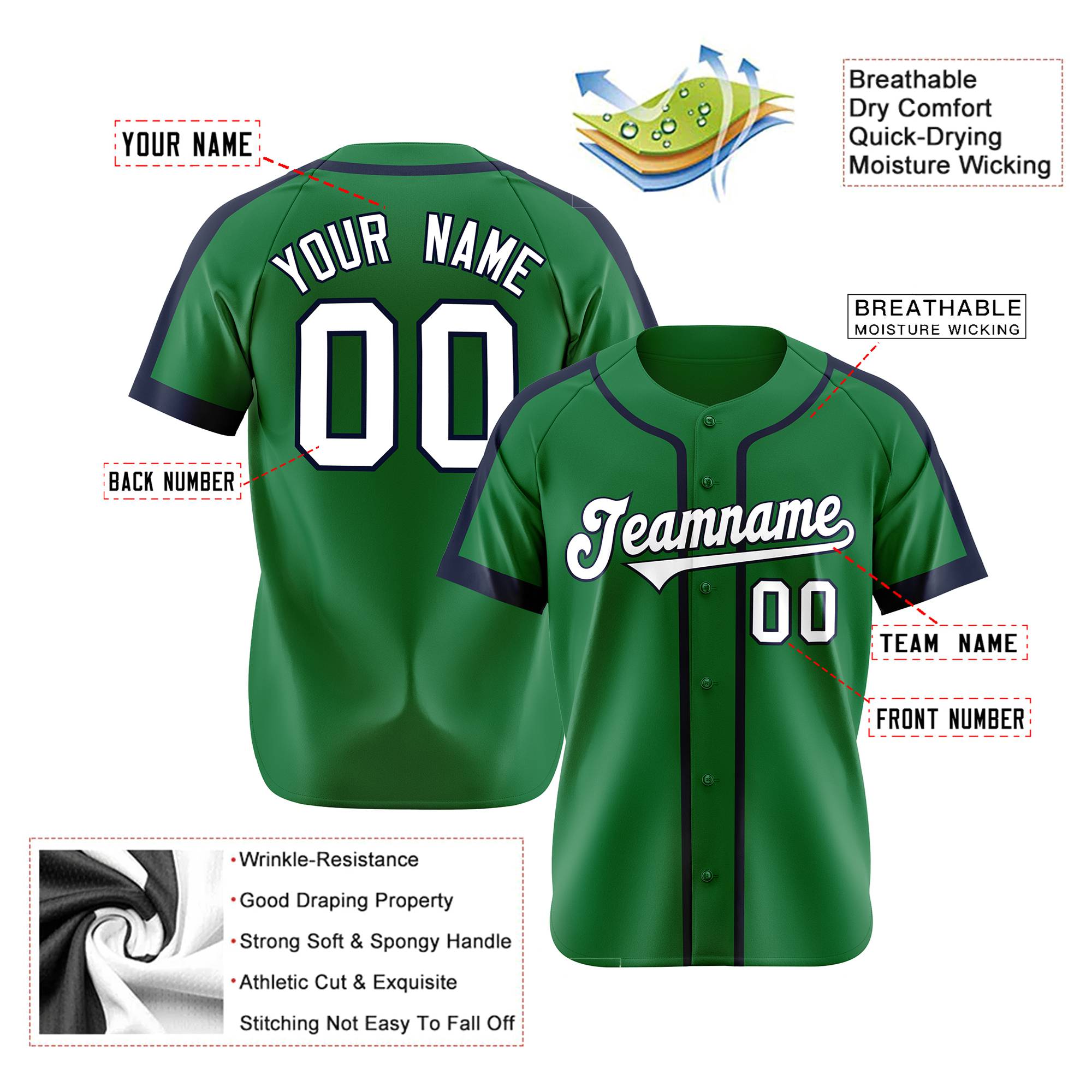 Custom Kelly Green Navy White Baseball Jersey