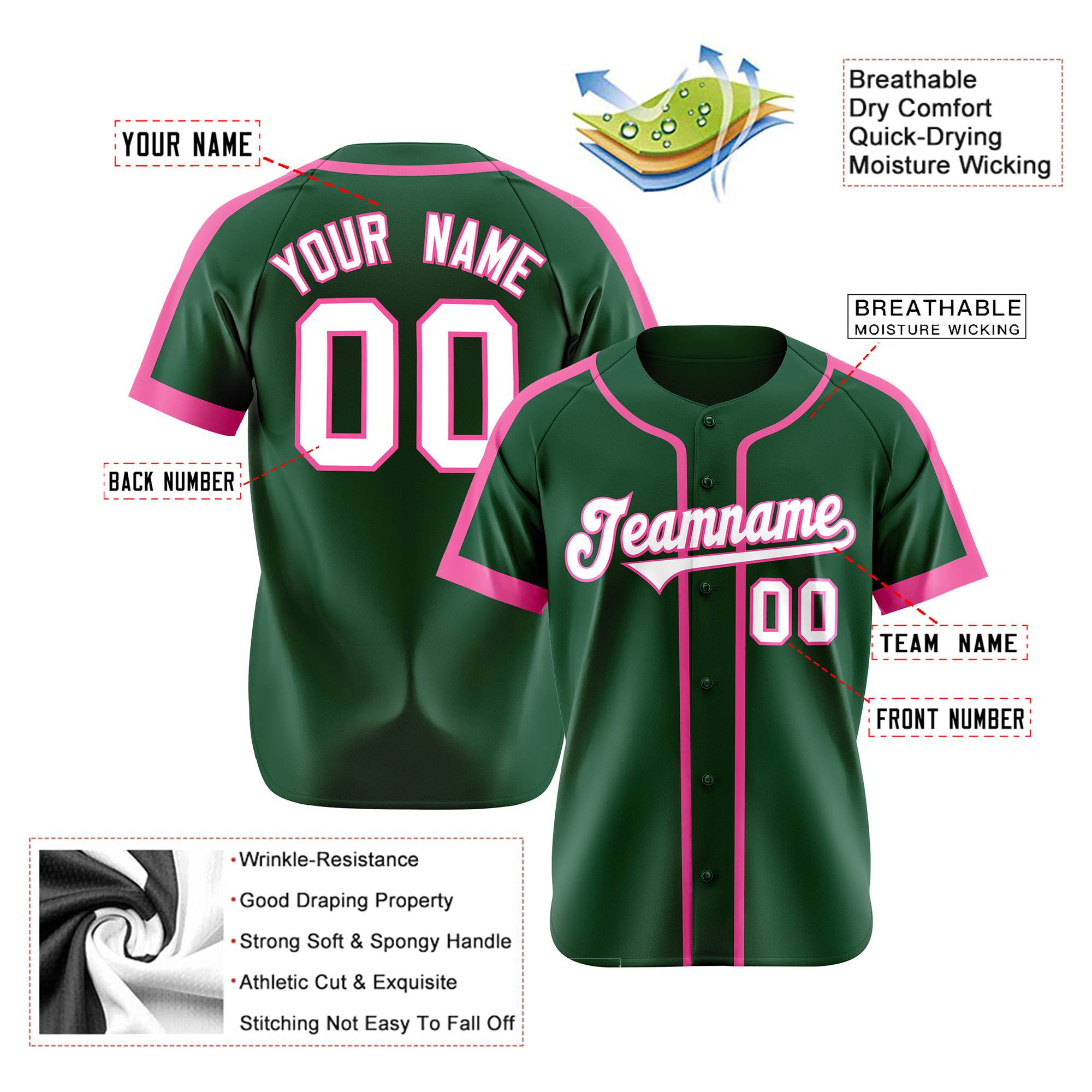 Custom Green Pink White Baseball Jersey