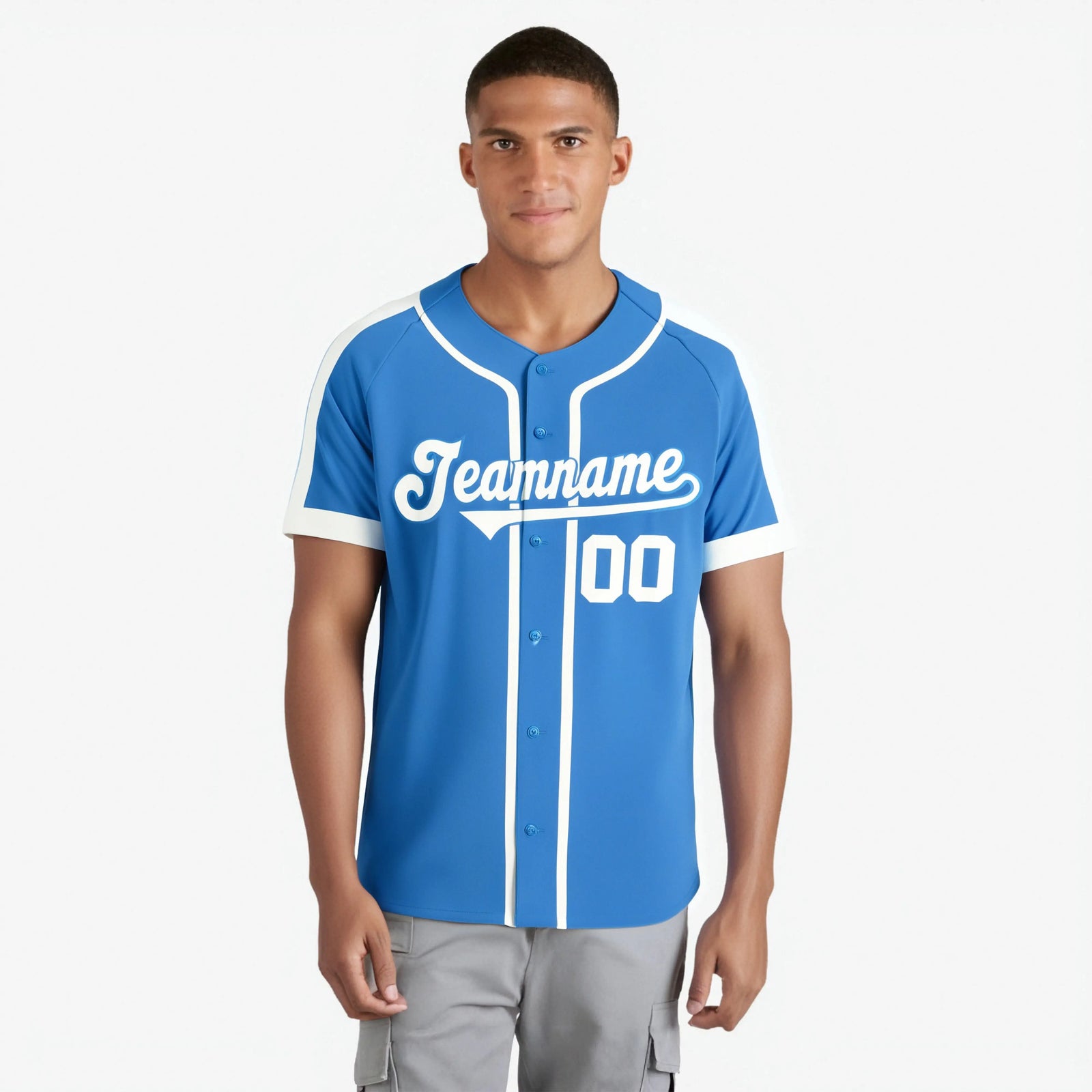 Custom Powder Blue Pink Baseball Jersey