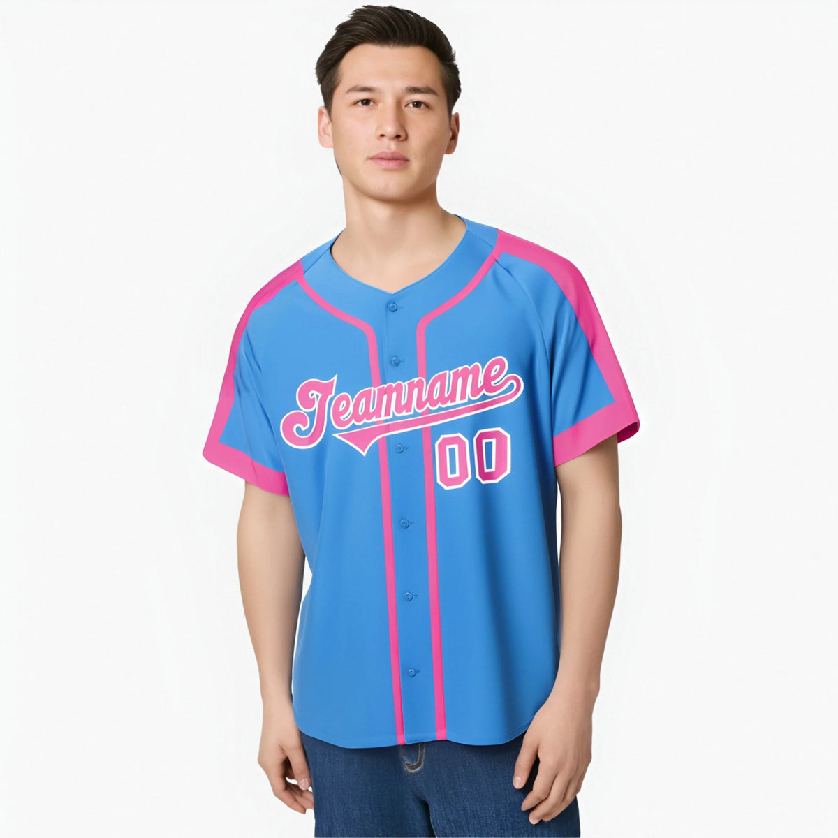 Custom Powder Blue Pink White Baseball Jersey