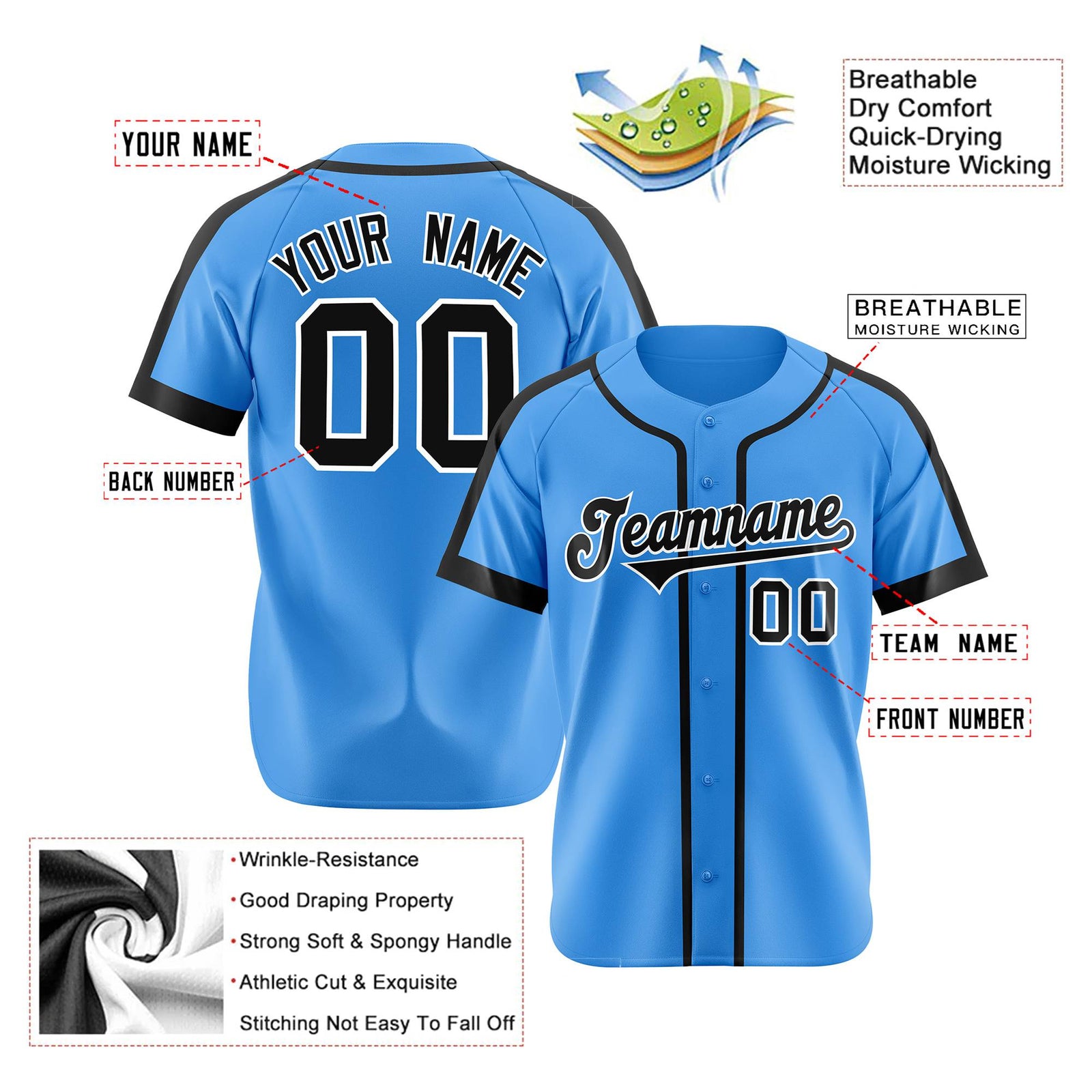 Custom Powder Blue Black White Baseball Jersey