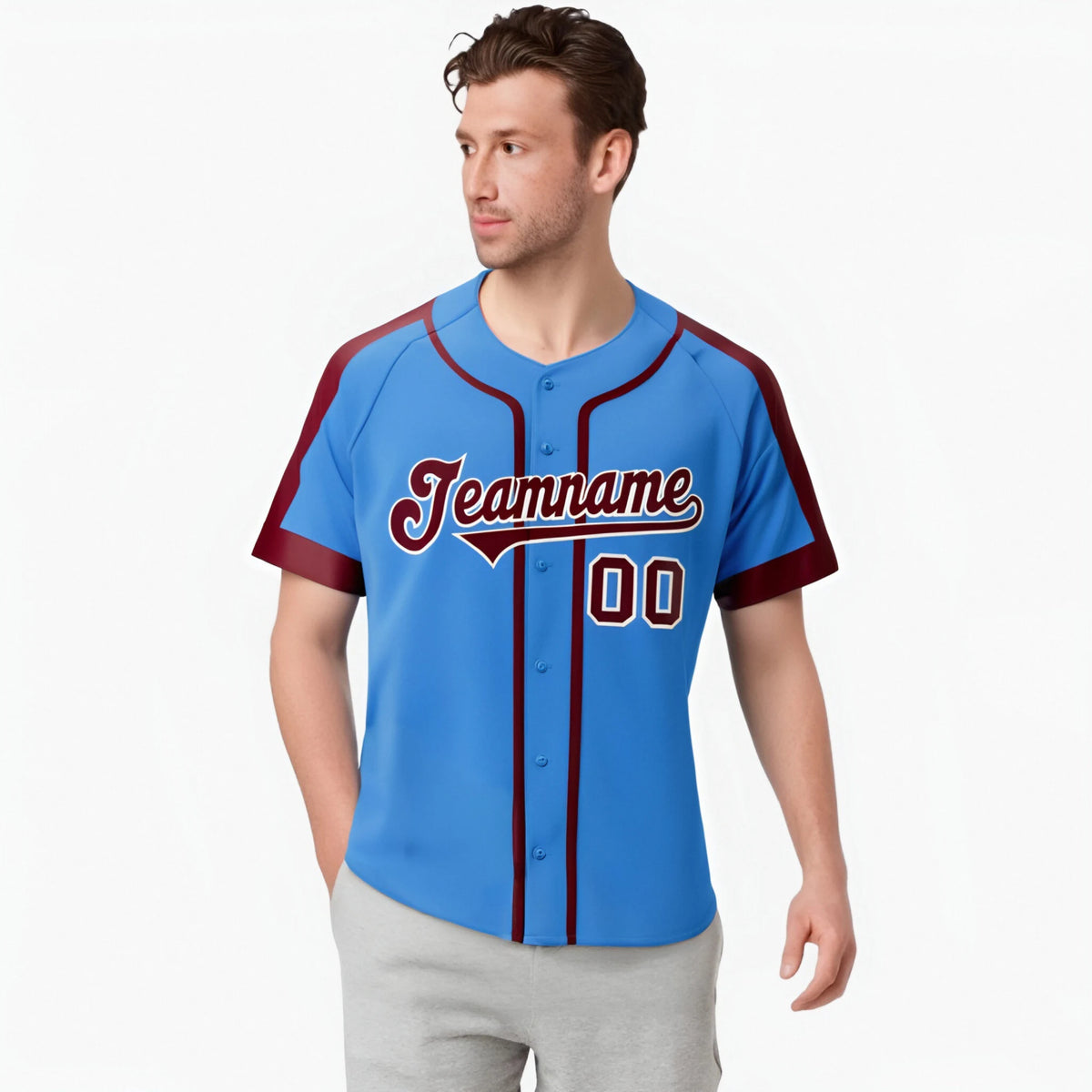 Custom Powder Blue Crimson White Baseball Jersey