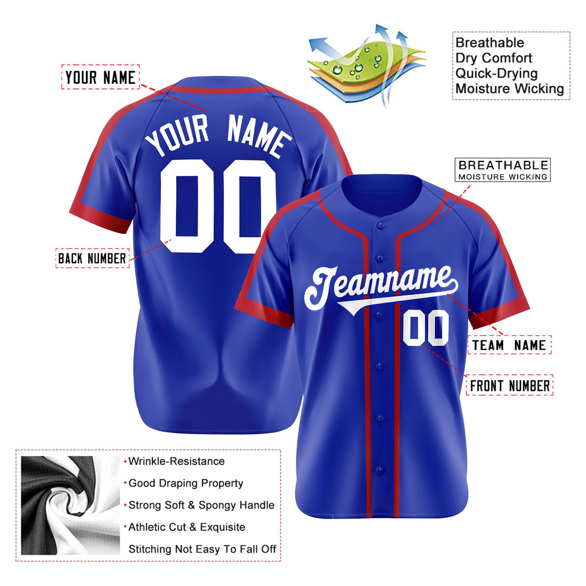 Custom Royal Blue Red White Baseball Jersey