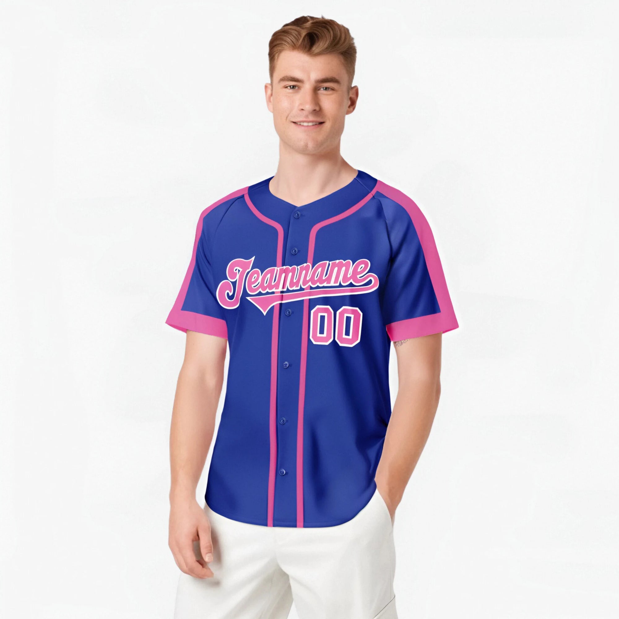 Custom Royal Blue Pink White Baseball Jersey