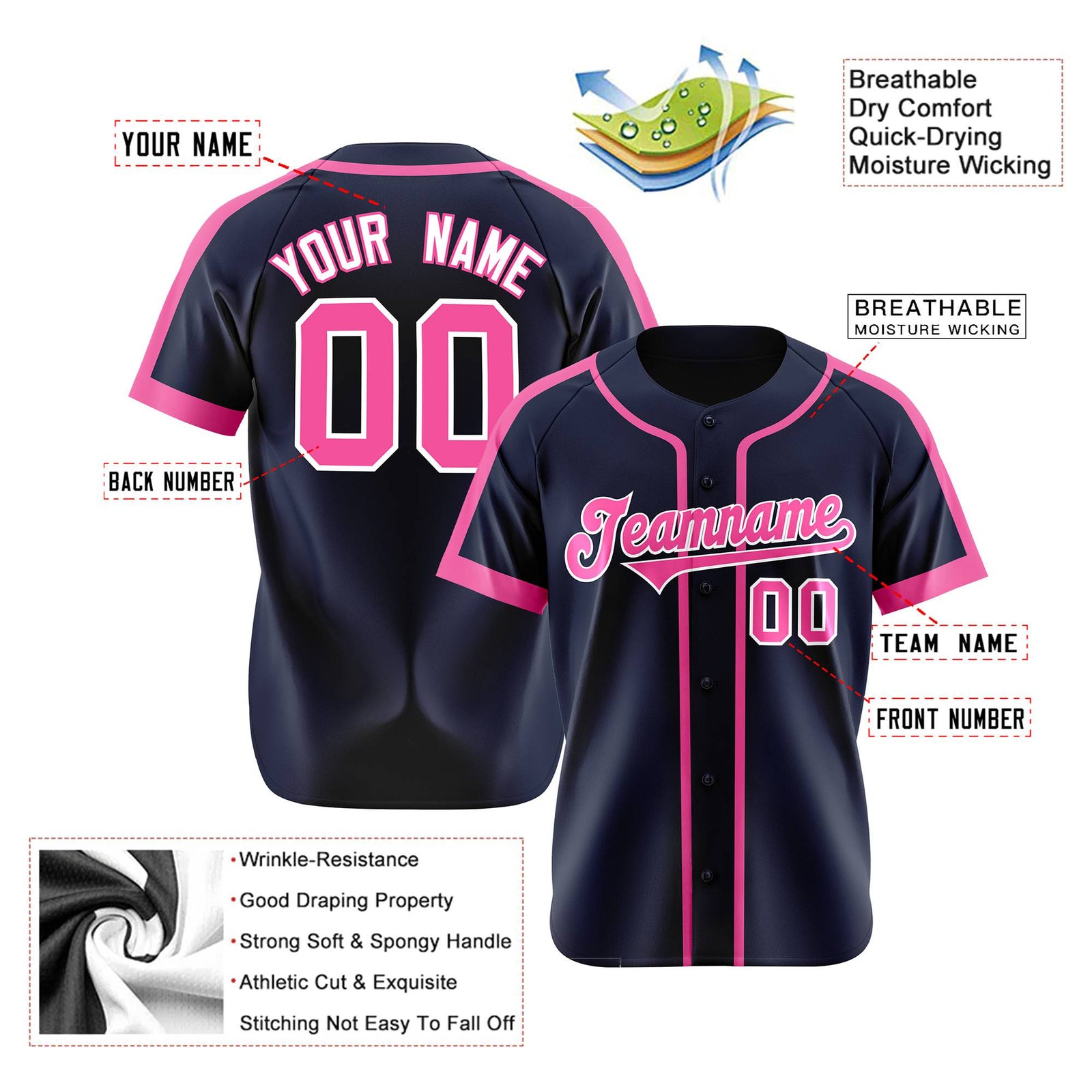 Custom Navy Pink White Baseball Jersey