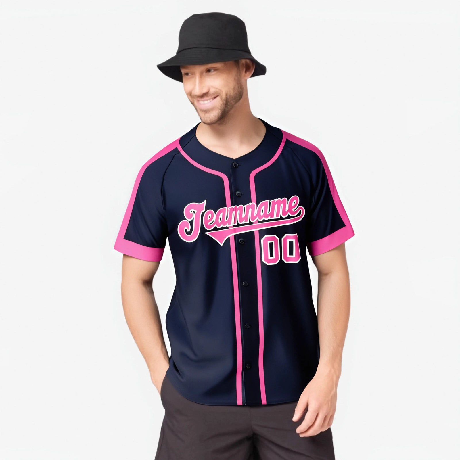 Custom Navy Pink White Baseball Jersey