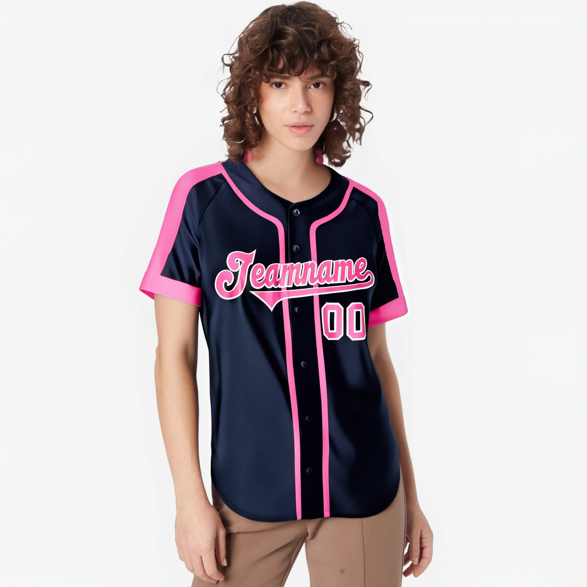 Custom Navy Pink White Baseball Jersey