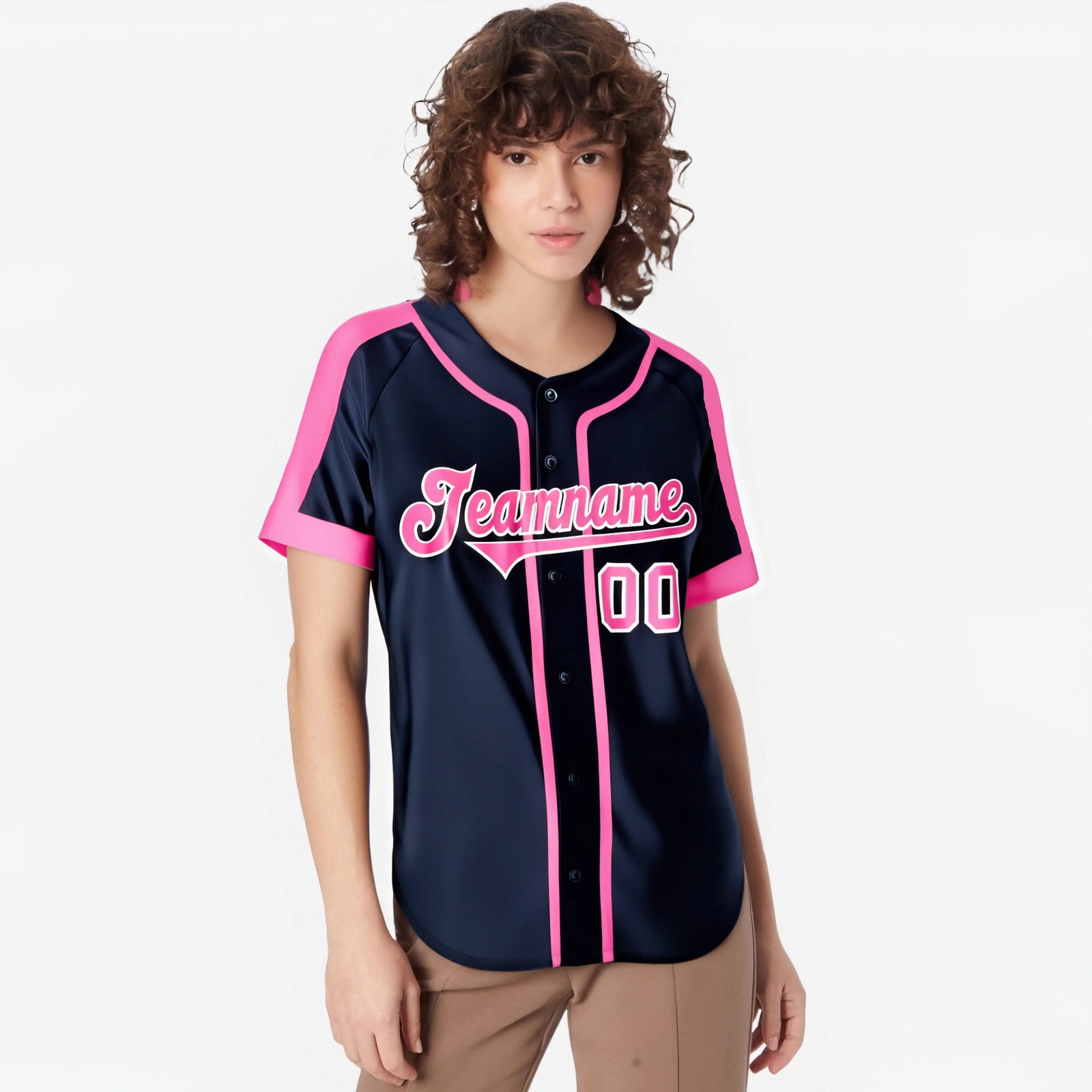 Custom Navy Pink White Baseball Jersey